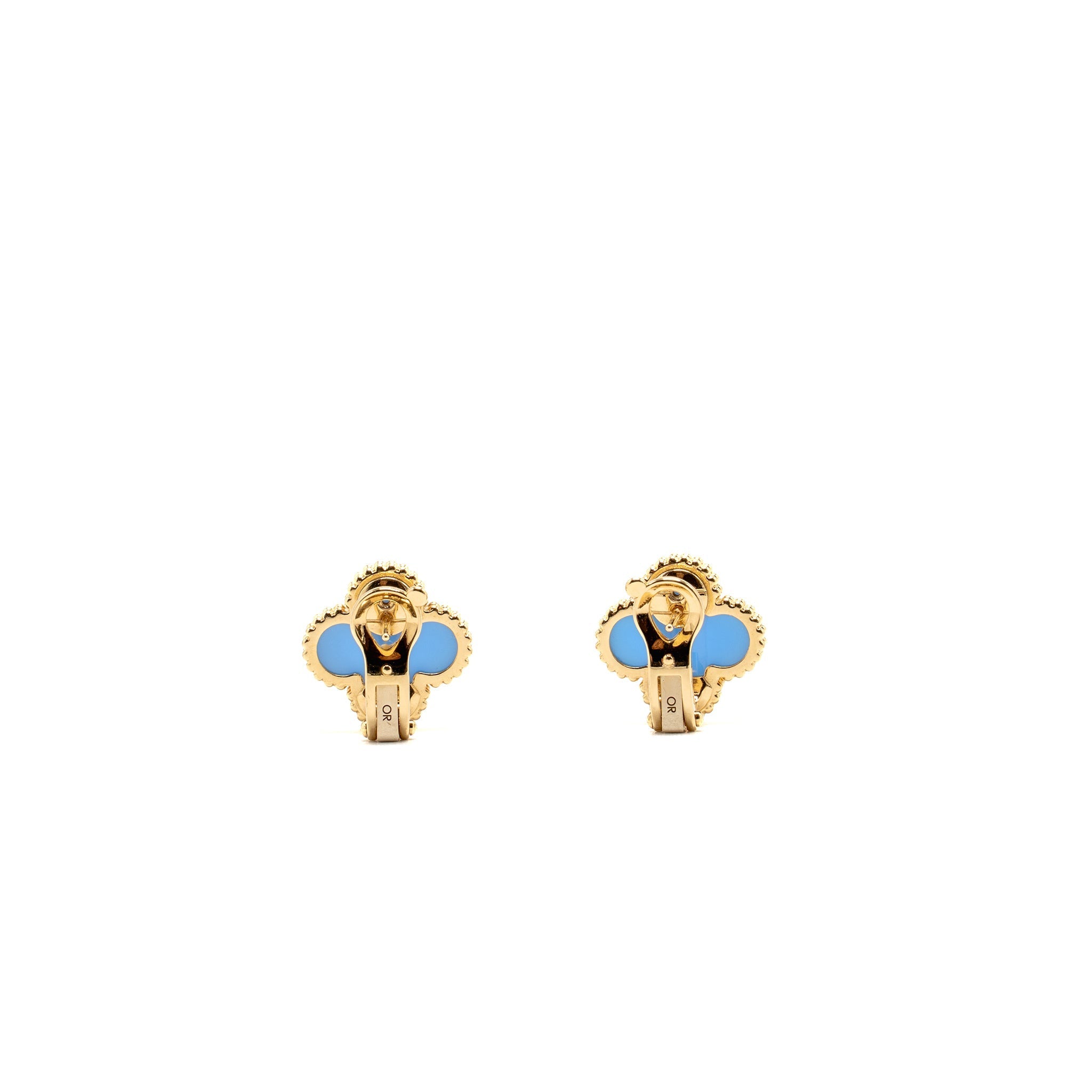VAN CLEEF AND ARPELS VINTAGE ALHAMBRA EARRINGS YELLOW GOLD/ BLUE AGATE