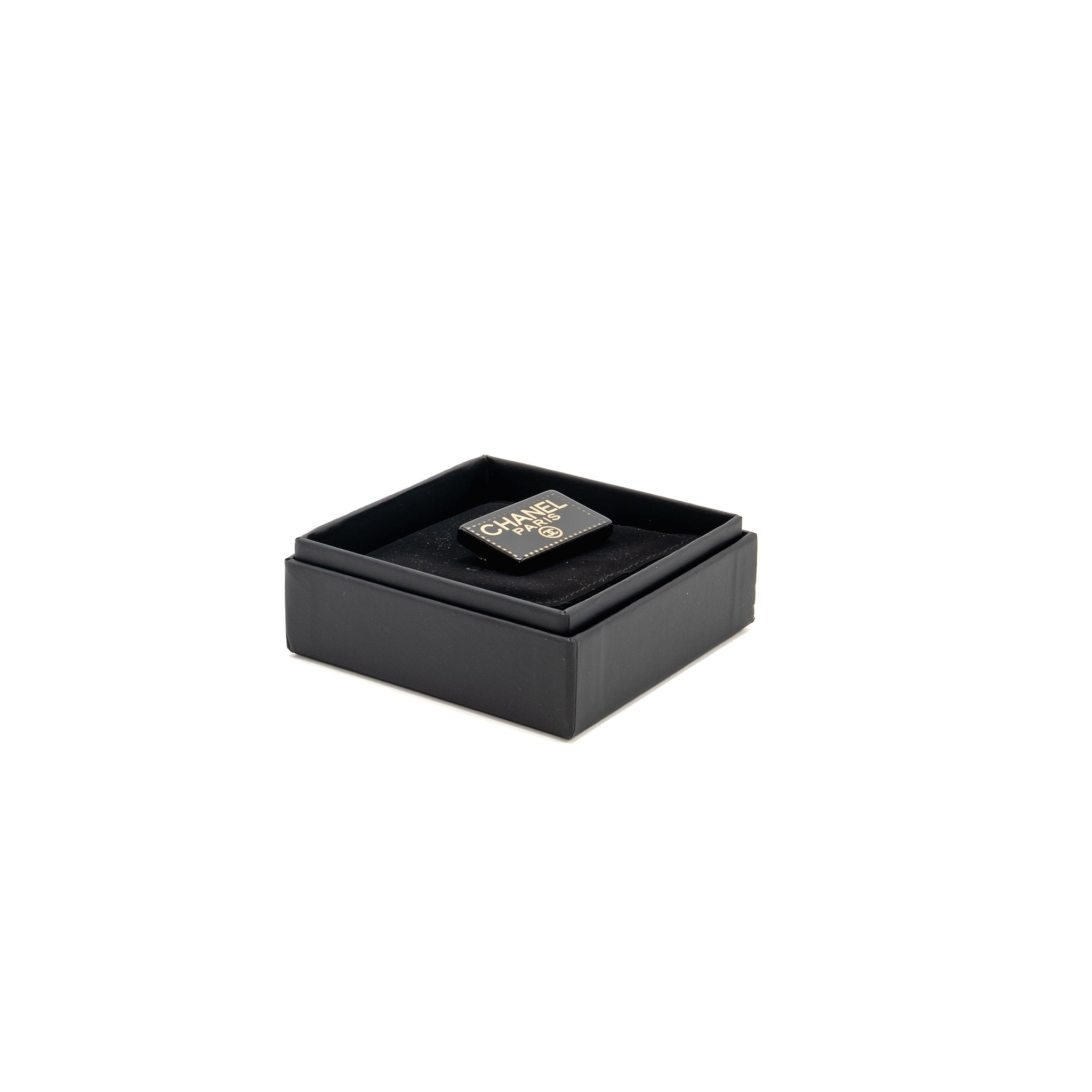 CHANEL RECTANGULAR LOGO BROOCH BLACK GOLD TONE