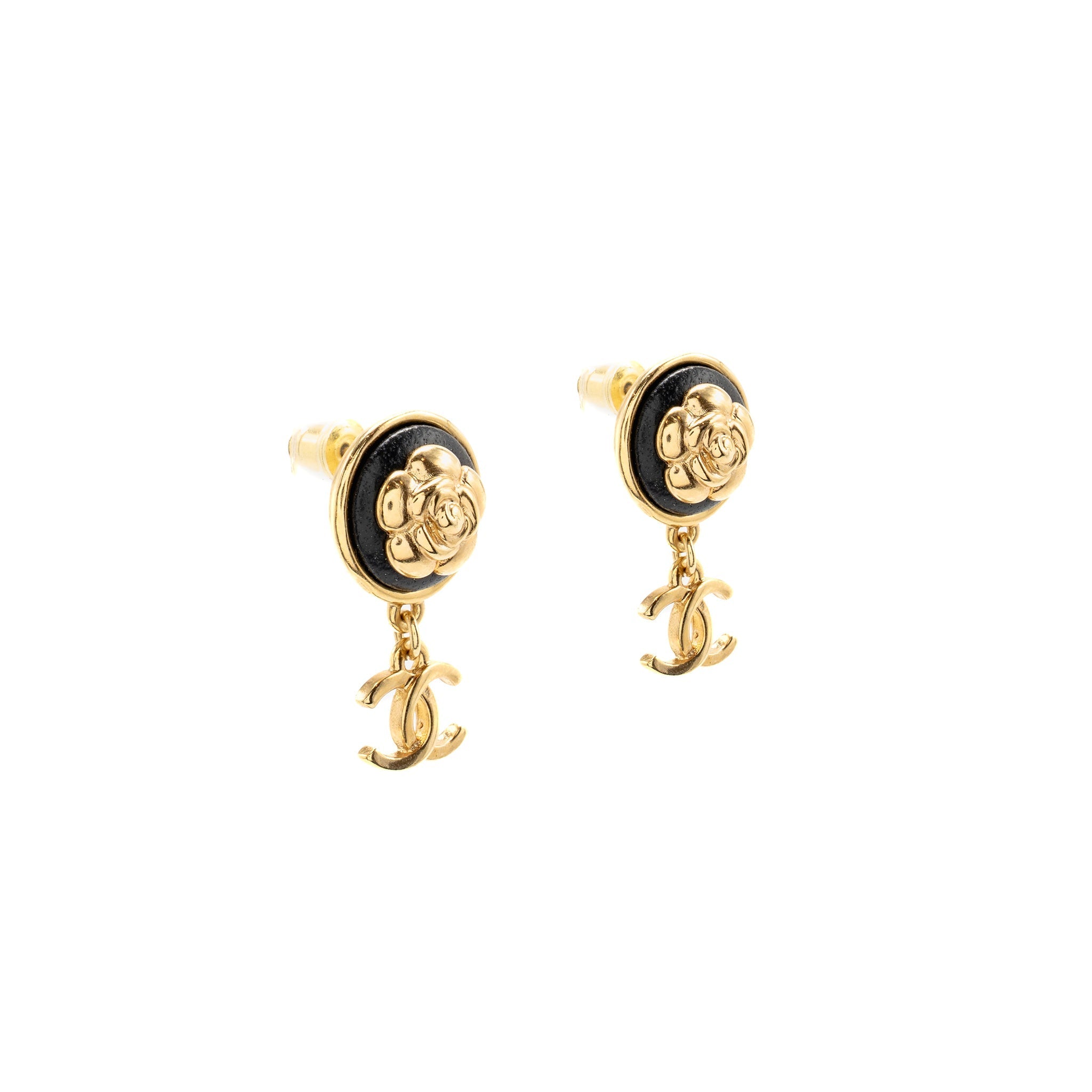 CHANEL ROUND CAMELLIA CC DROP EARRINGS BLACK LEATHER GOLD TONE