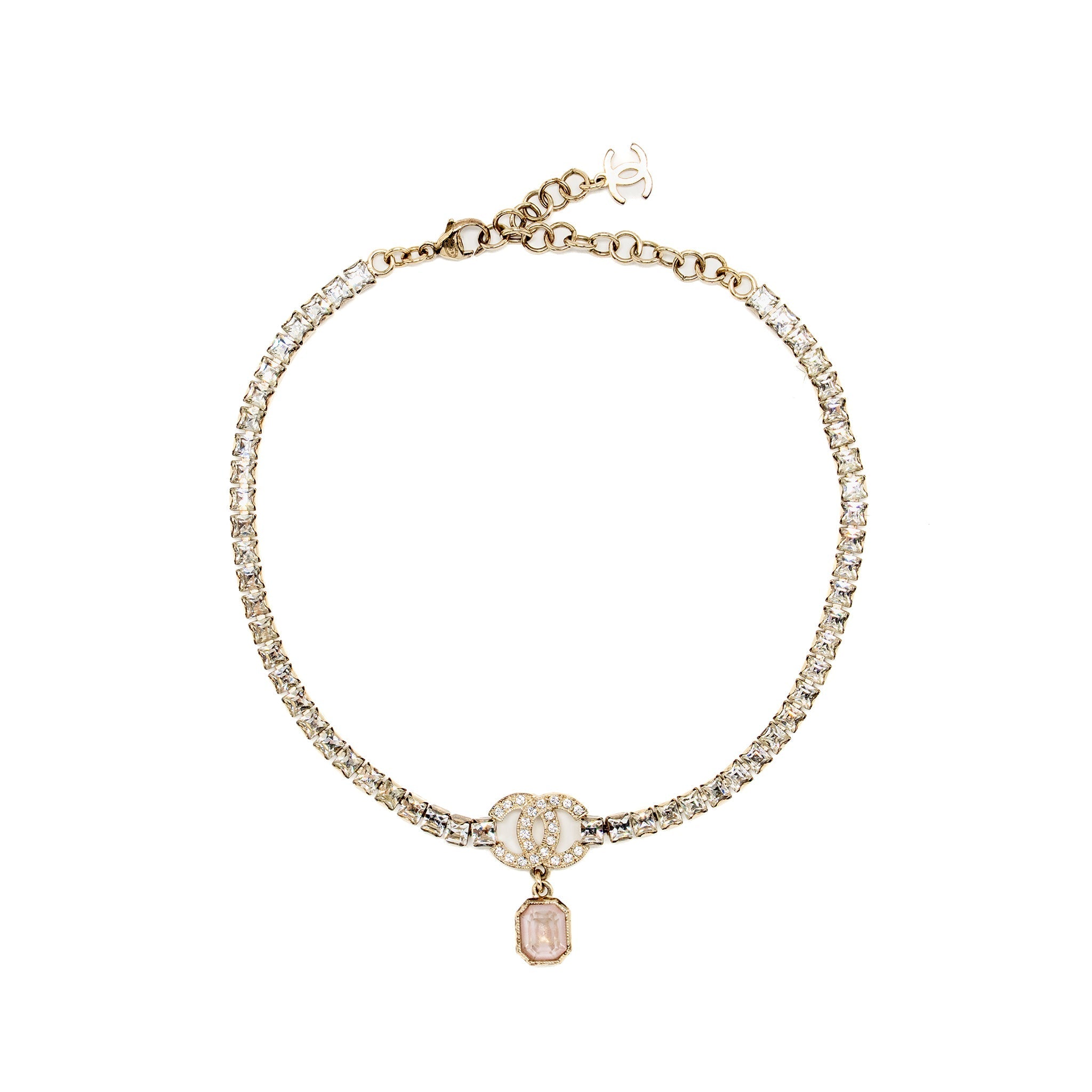 CHANEL PINK CRYSTAL DROP CC LOGO CHOCKER/NECKLACE LIGHT GOLD TONE