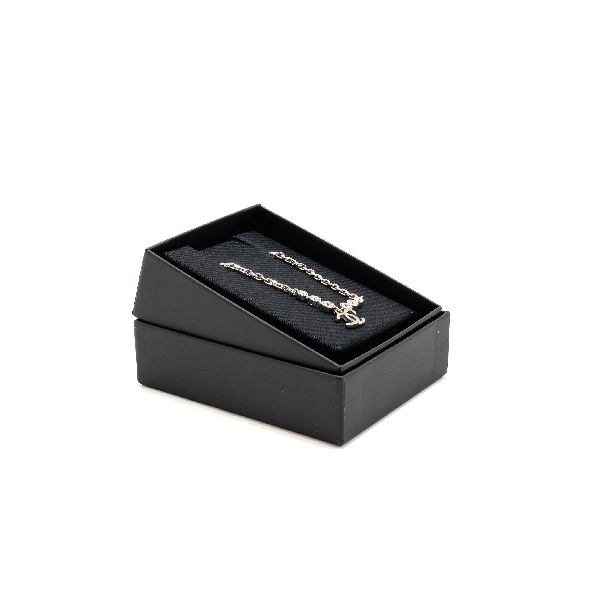 CHANEL 21B CC DROP NECKLACE CRYSTAL SILVER TONE