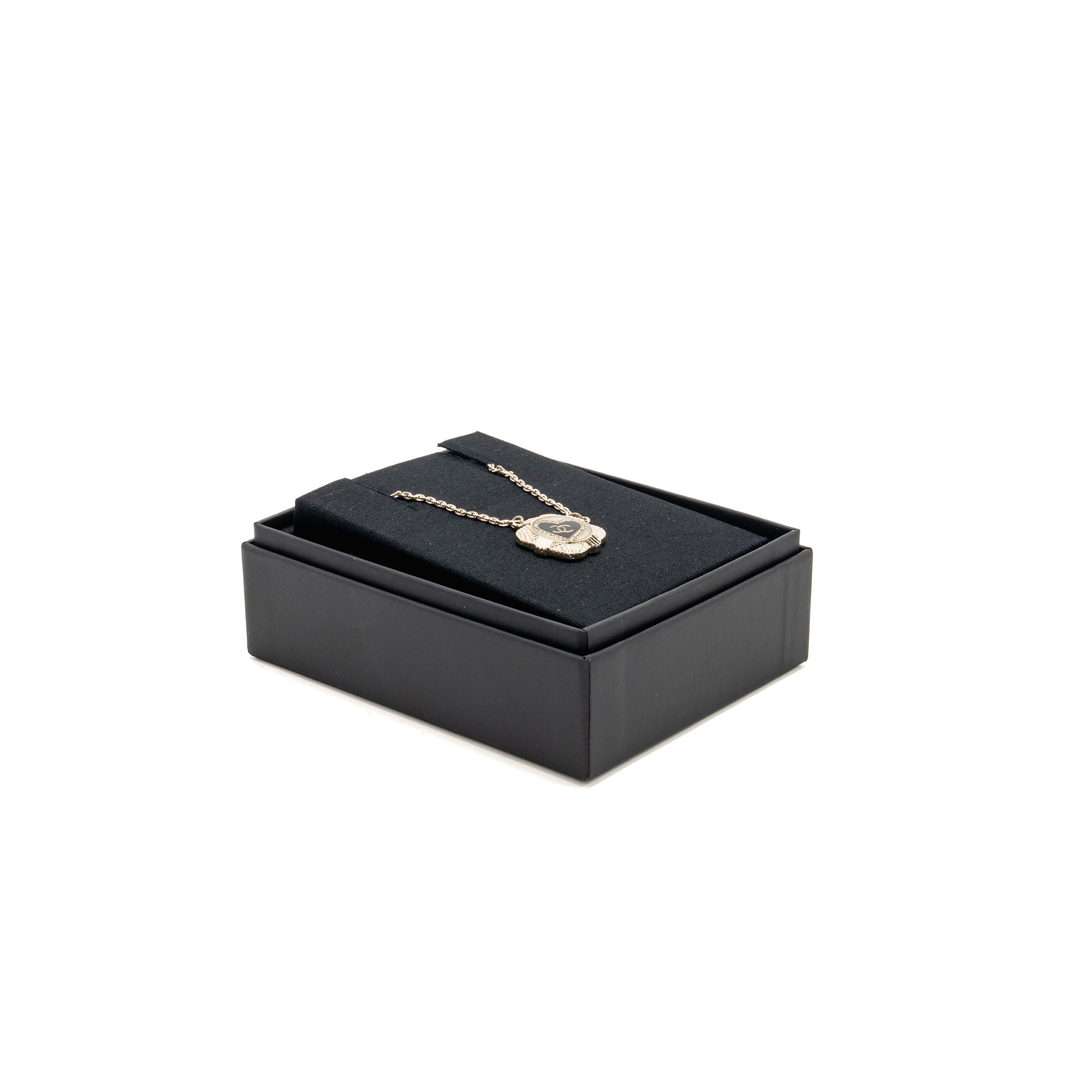 CHANEL 21A CC HEART NECKLACE CRYSTAL BLACK/WHITE LIGHT GOLD TONE