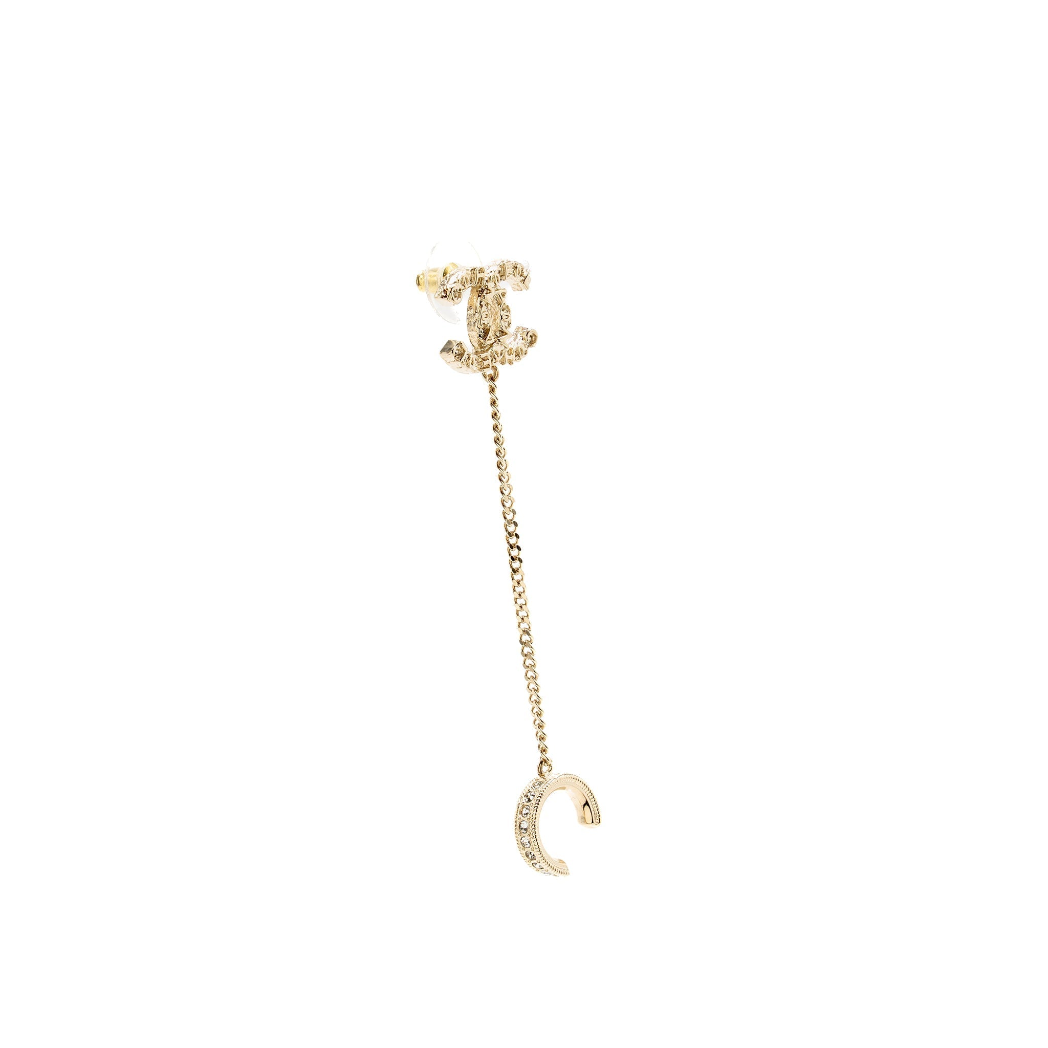 CHANEL 21P CC EARRINGS WITH EAR CUFF CRYSTAL LIGHT GOLD TONE