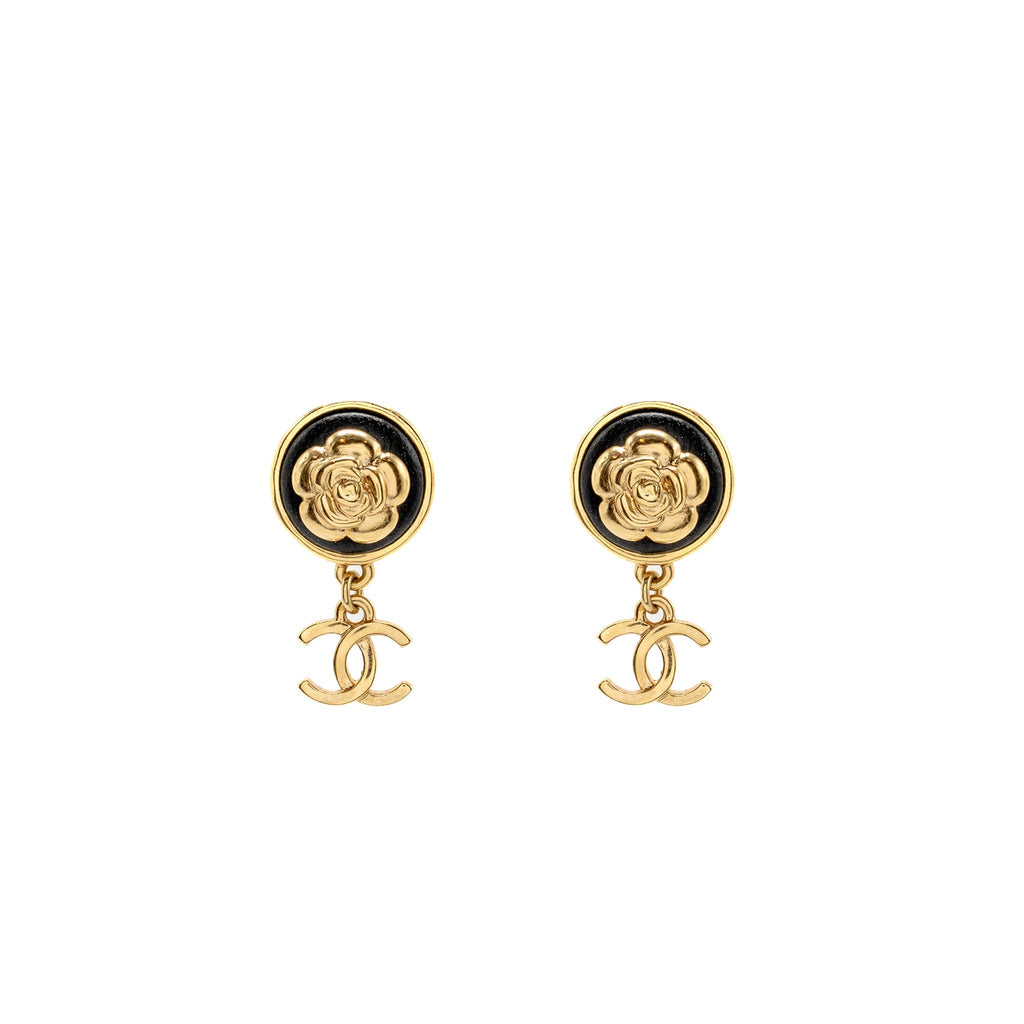 CHANEL ROUND CAMELLIA CC DROP EARRINGS BLACK LEATHER GOLD TONE