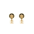 CHANEL ROUND CAMELLIA CC DROP EARRINGS BLACK LEATHER GOLD TONE