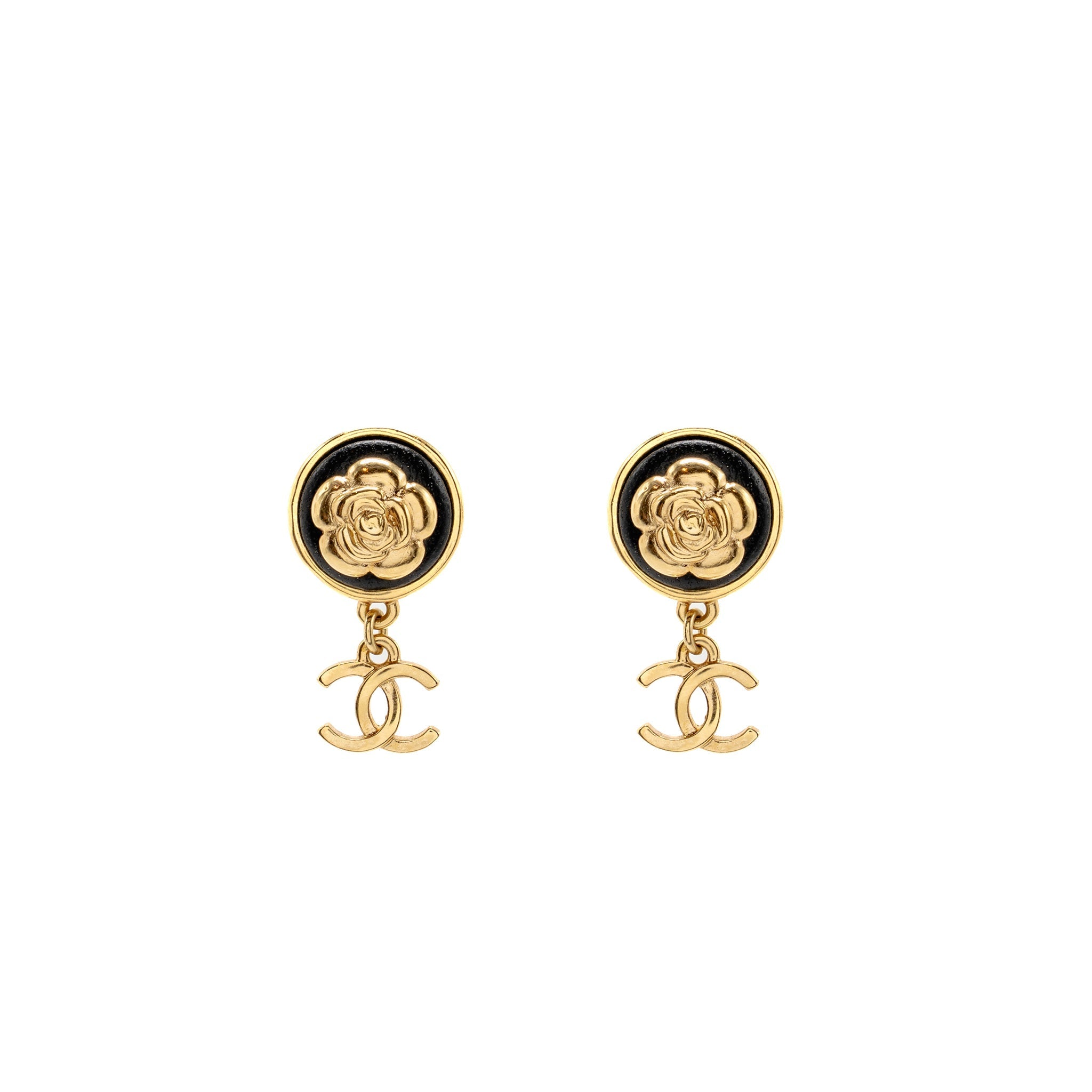 CHANEL ROUND CAMELLIA CC DROP EARRINGS BLACK LEATHER GOLD TONE