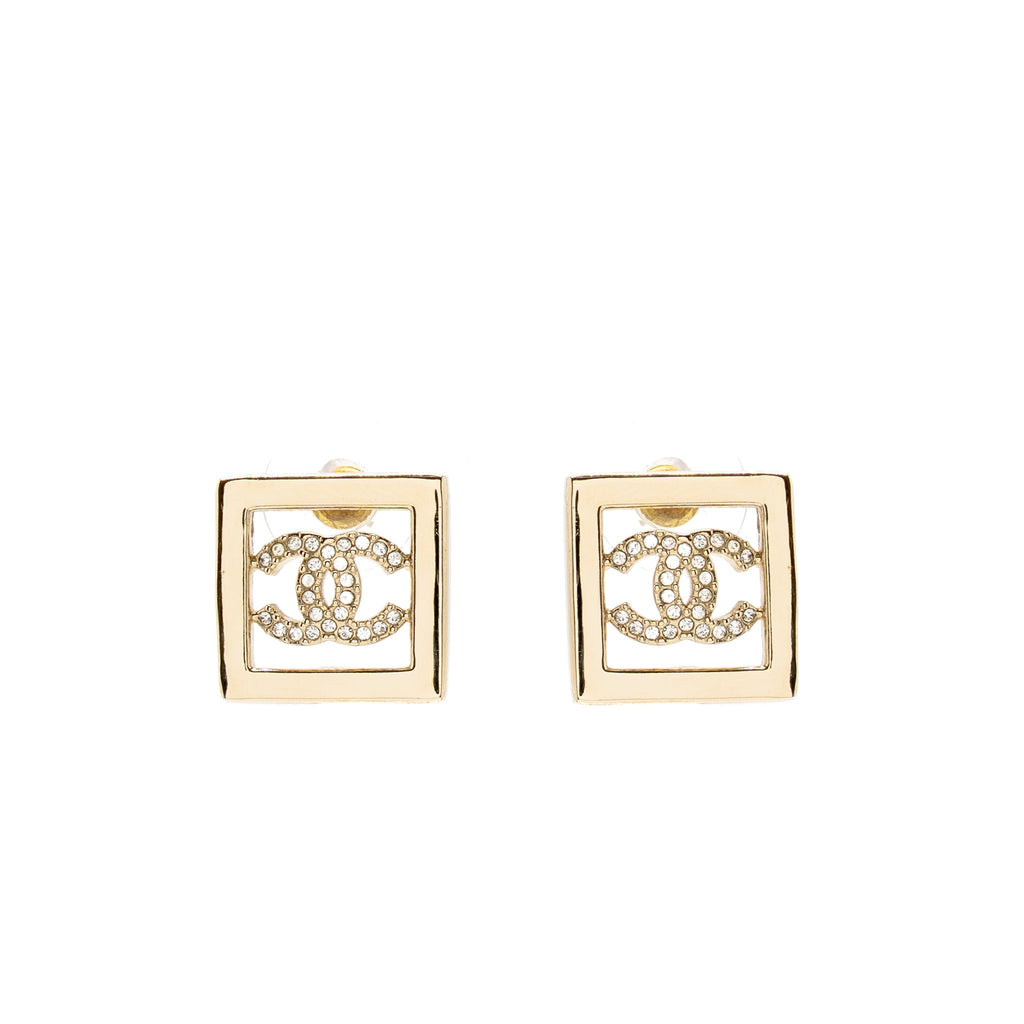 CHANEL CC LOGO SQUARE EARRINGS CRYSTAL LIGHT GOLD TONE
