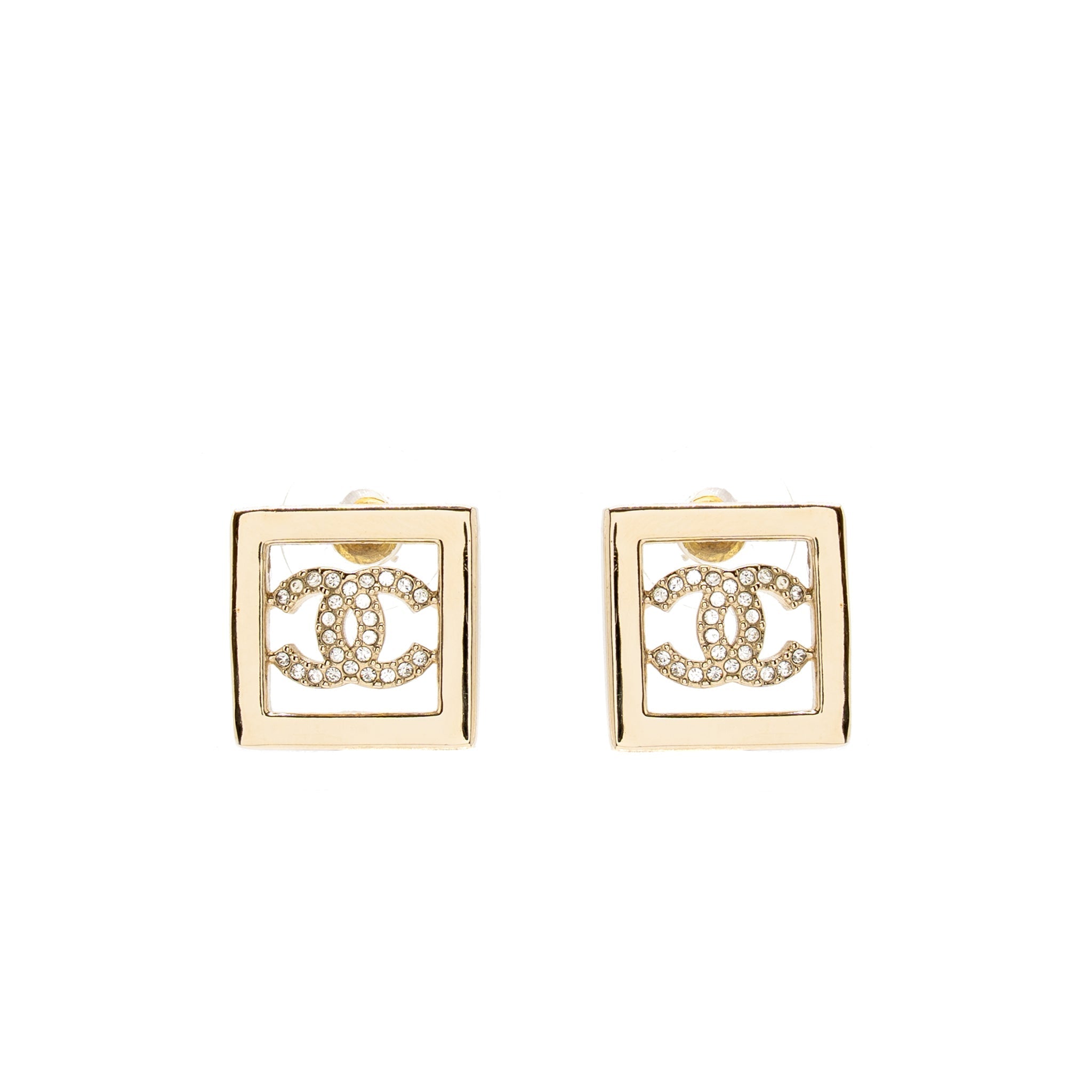 CHANEL CC LOGO SQUARE EARRINGS CRYSTAL LIGHT GOLD TONE