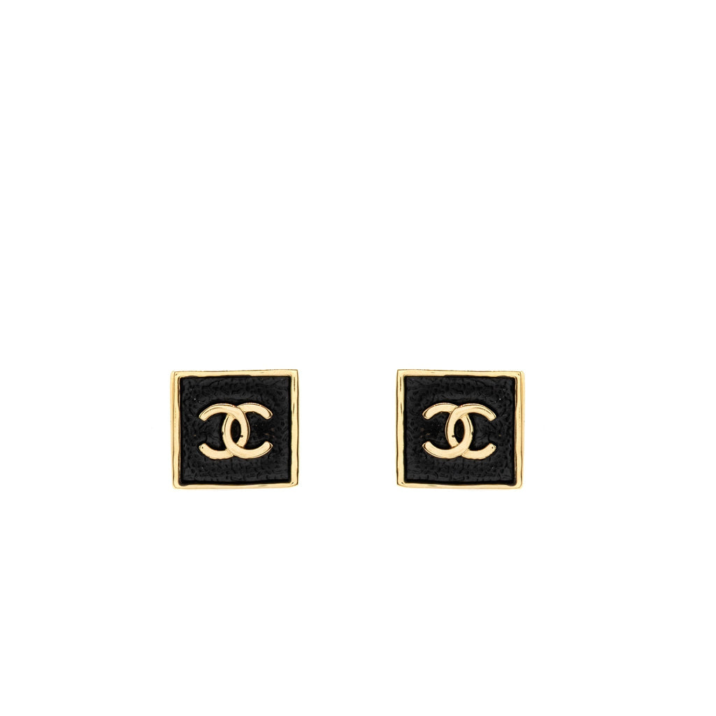 CHANEL SQUARE CC LOGO EARRINGS GOLD TONE