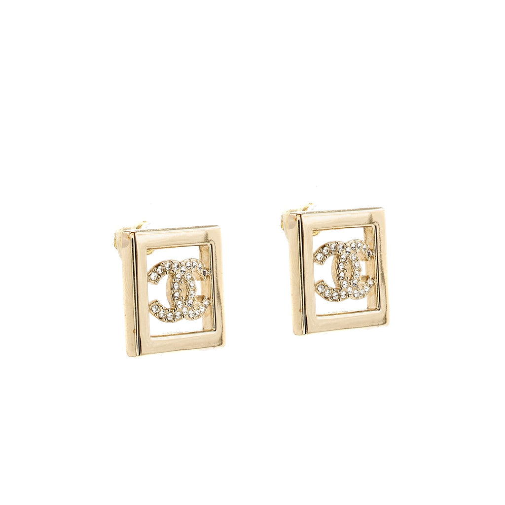 CHANEL CC LOGO SQUARE EARRINGS CRYSTAL LIGHT GOLD TONE