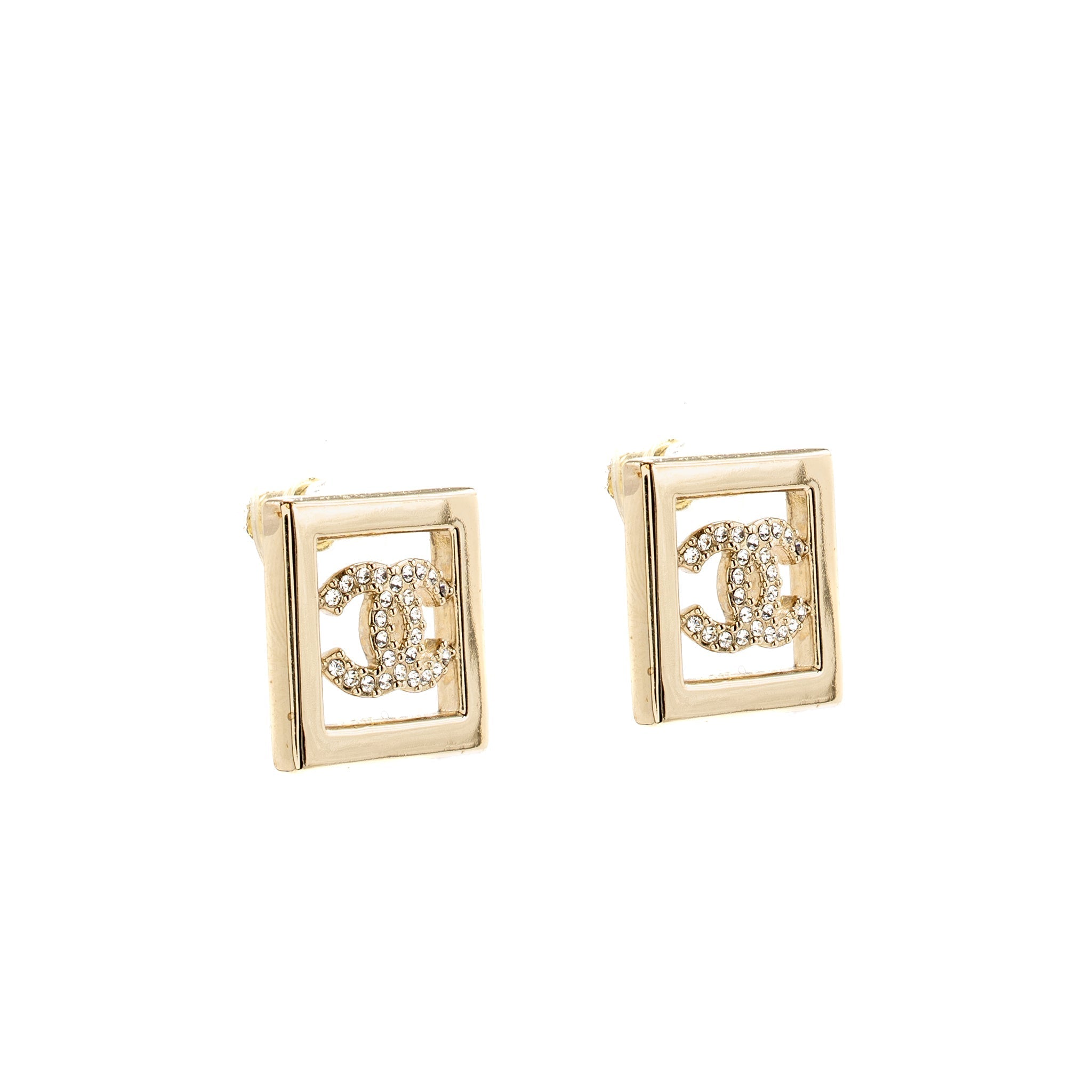 CHANEL CC LOGO SQUARE EARRINGS CRYSTAL LIGHT GOLD TONE
