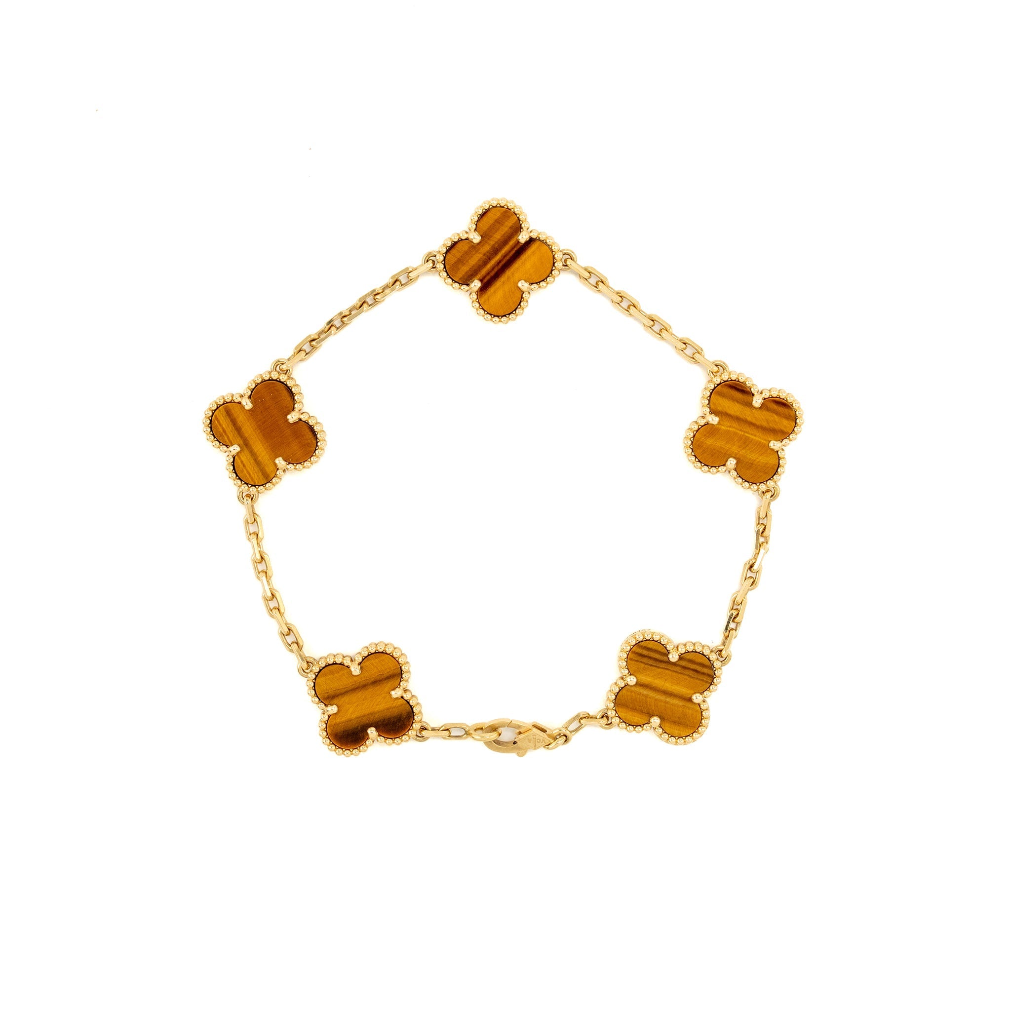 VAN CLEEF & ARPELS VINTAGE ALHAMBRA BRACELET, 5 MOTIFS TIGER EYE YELLOW GOLD