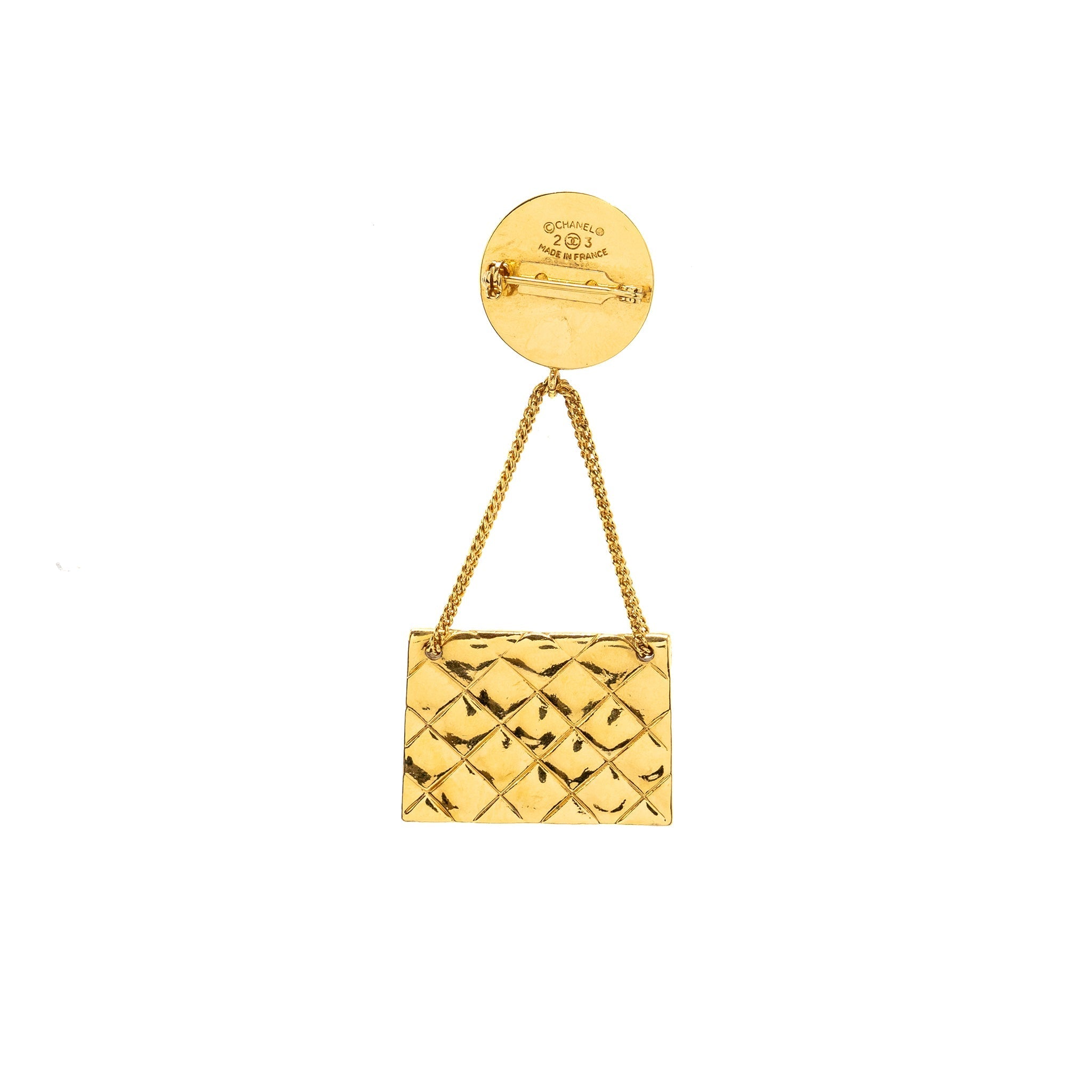 CHANEL VINTAGE CC FLAP BAG DROP COIN BROOCH GOLD TONE