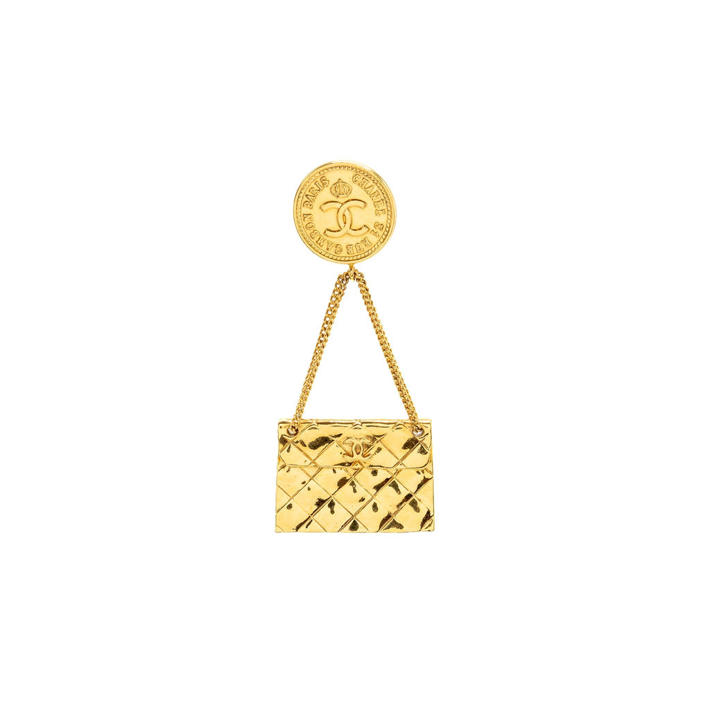 CHANEL VINTAGE CC FLAP BAG DROP COIN BROOCH GOLD TONE