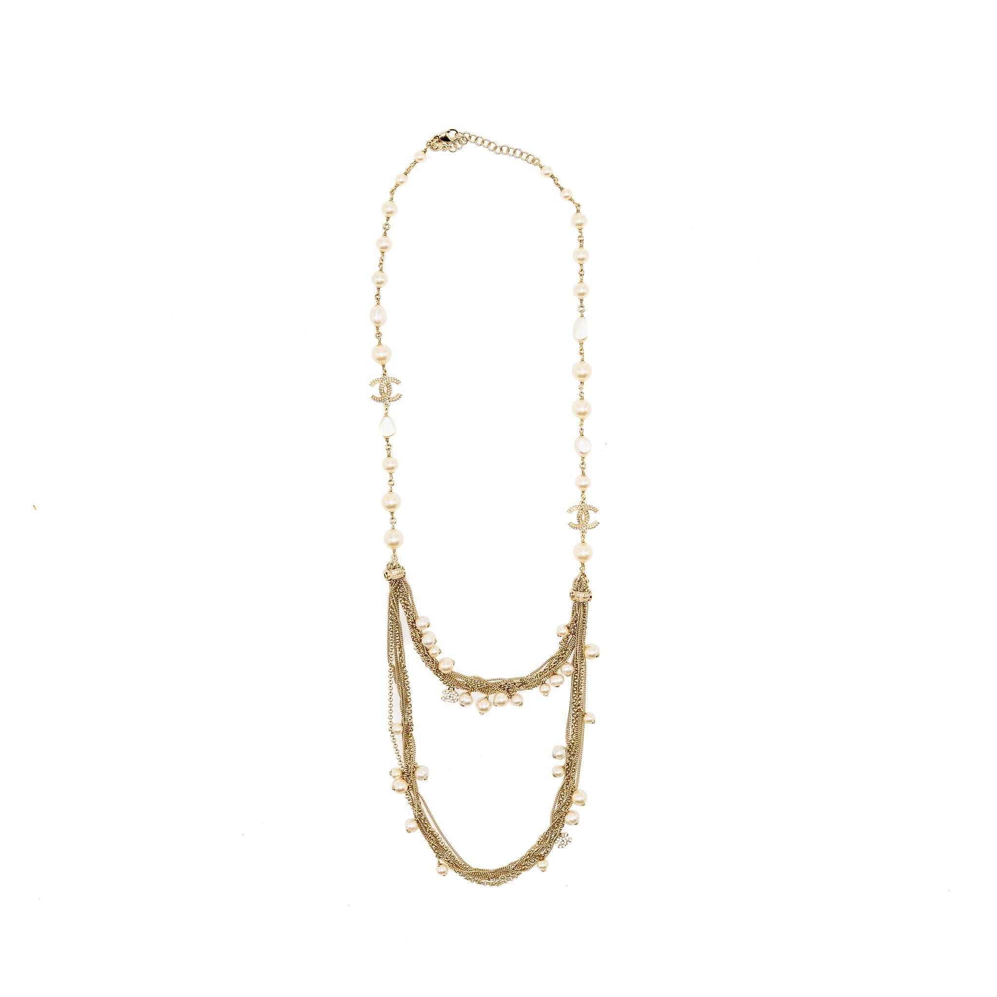 CHANEL PEARL DROPPED LONG NECKLACE CRYSTAL CC LOGO LIGHT GOLD TONE