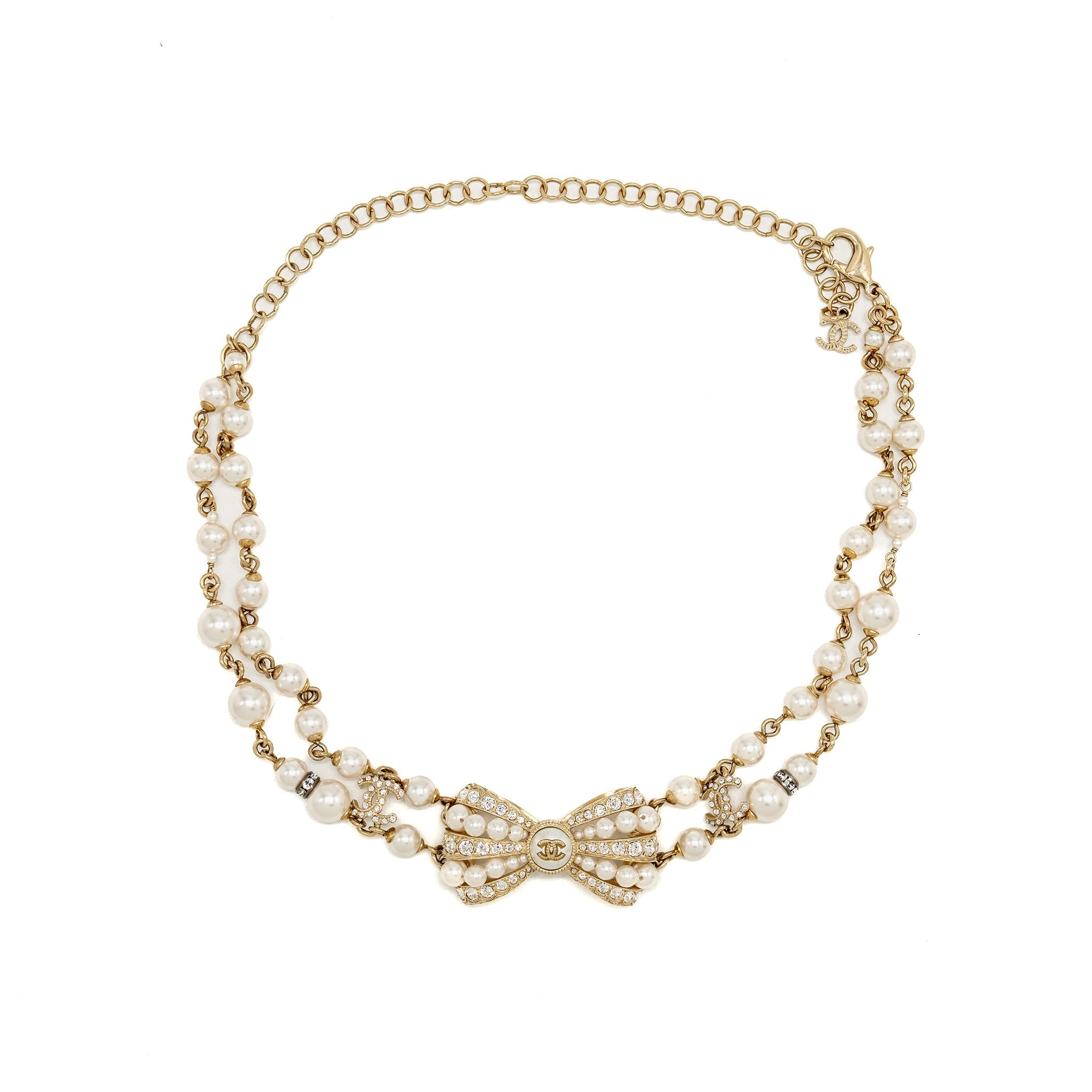 CHANEL BOW NECKLACE/CHOCKER PEARL/CRYSTAL LIGHT GOLD TONE
