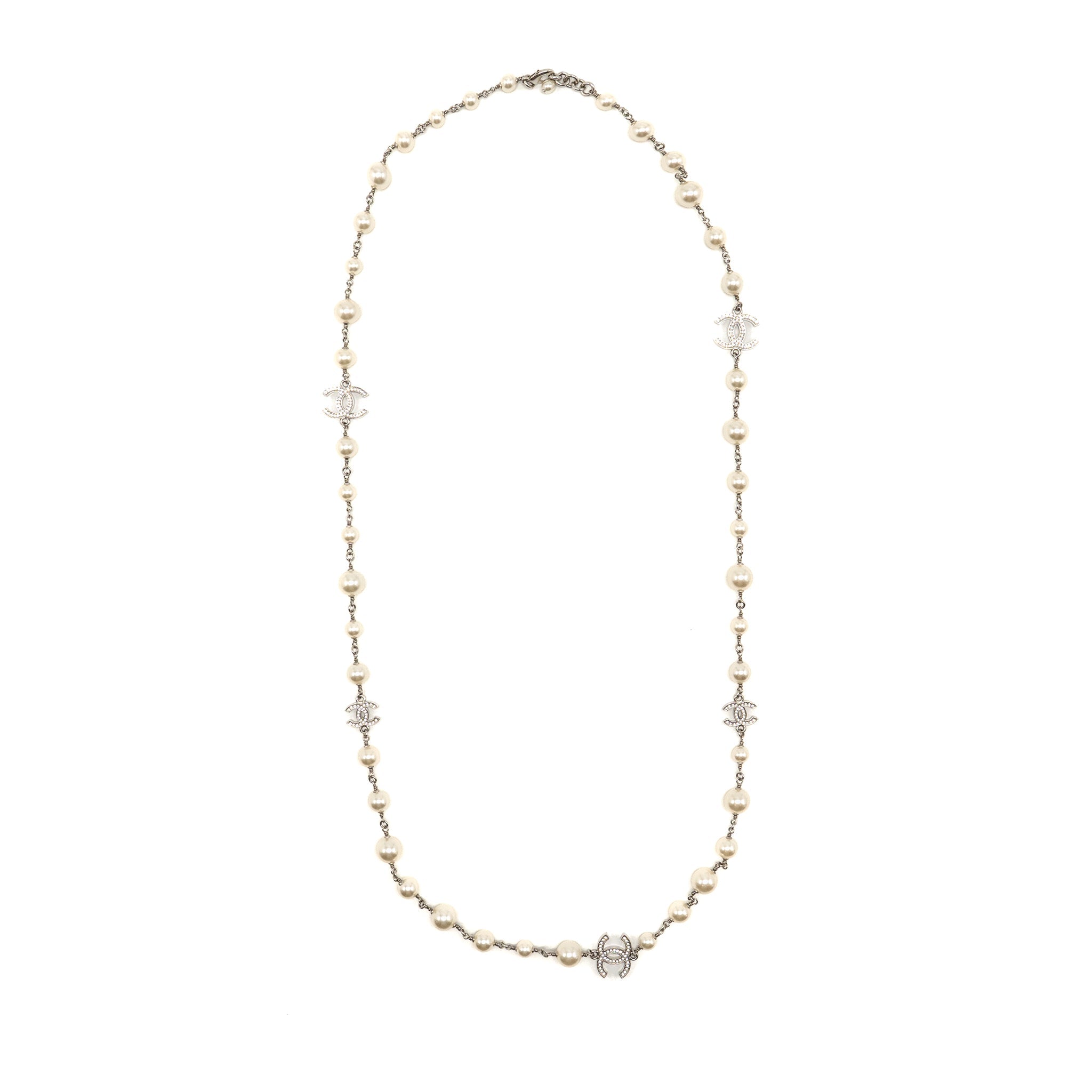CHANEL CC AND PEARL LONG NECKLACE SILVER TONE