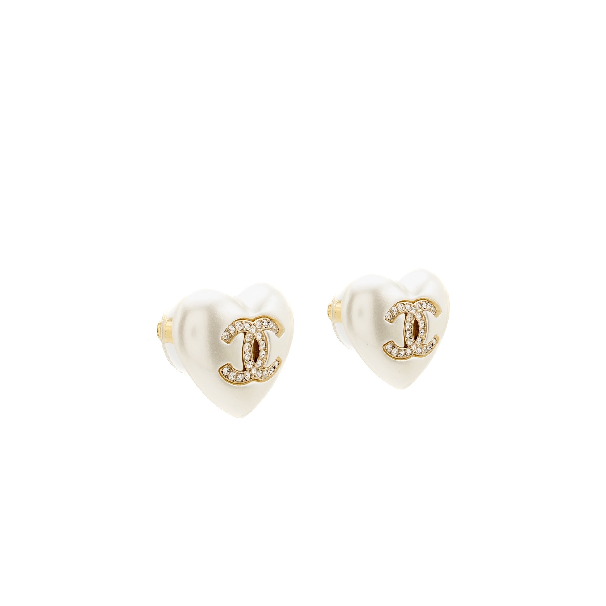 CHANEL HEART PEARL WITH CRYSTAL CC LOGO EARRINGS LIGHT GOLD TONE