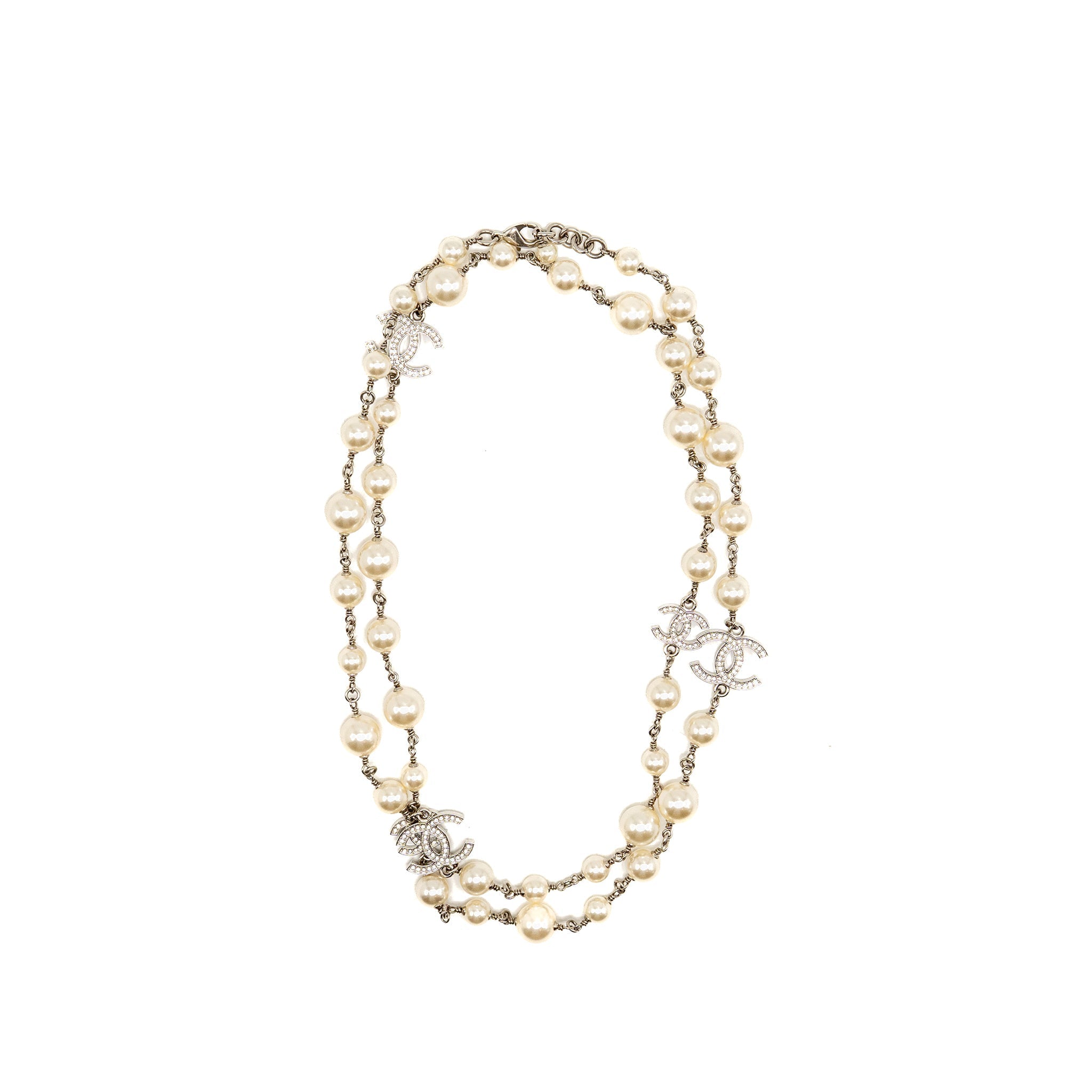 CHANEL CC AND PEARL LONG NECKLACE SILVER TONE