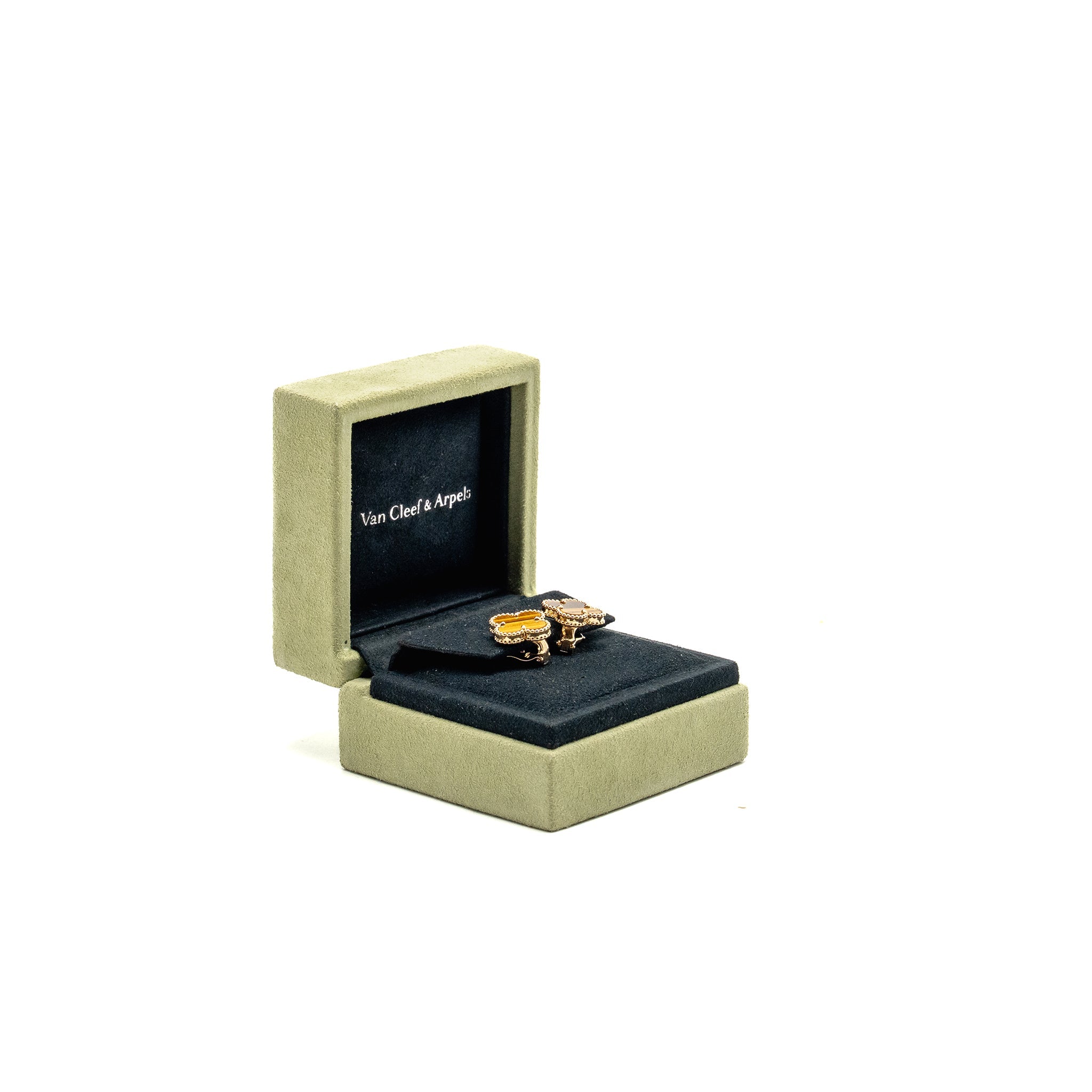 VAN CLEEF AND ARPELS VINTAGE ALHAMBRA EARRINGS YELLOW GOLD TIGER’S EYE