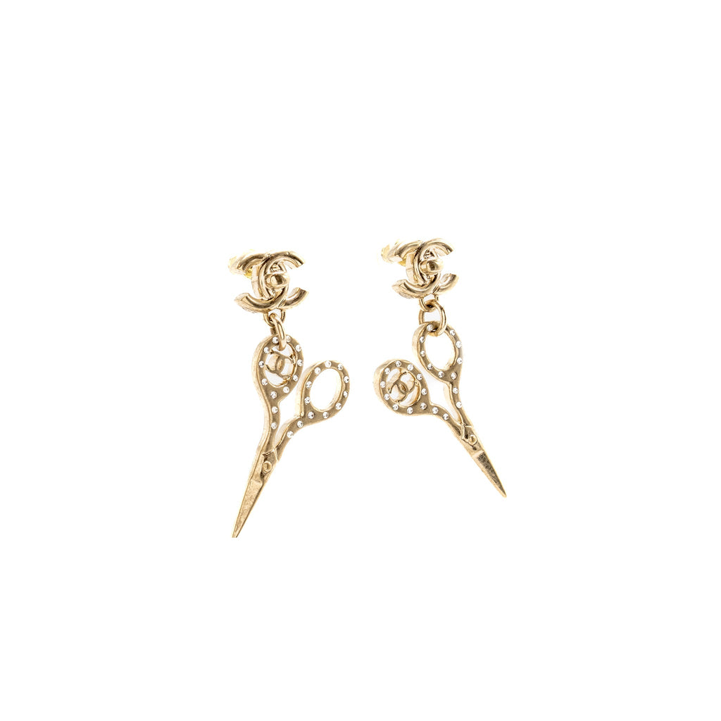 CHANEL SCISSORS DROP CC EARRINGS CRYSTAL LIGHT GOLD TONE