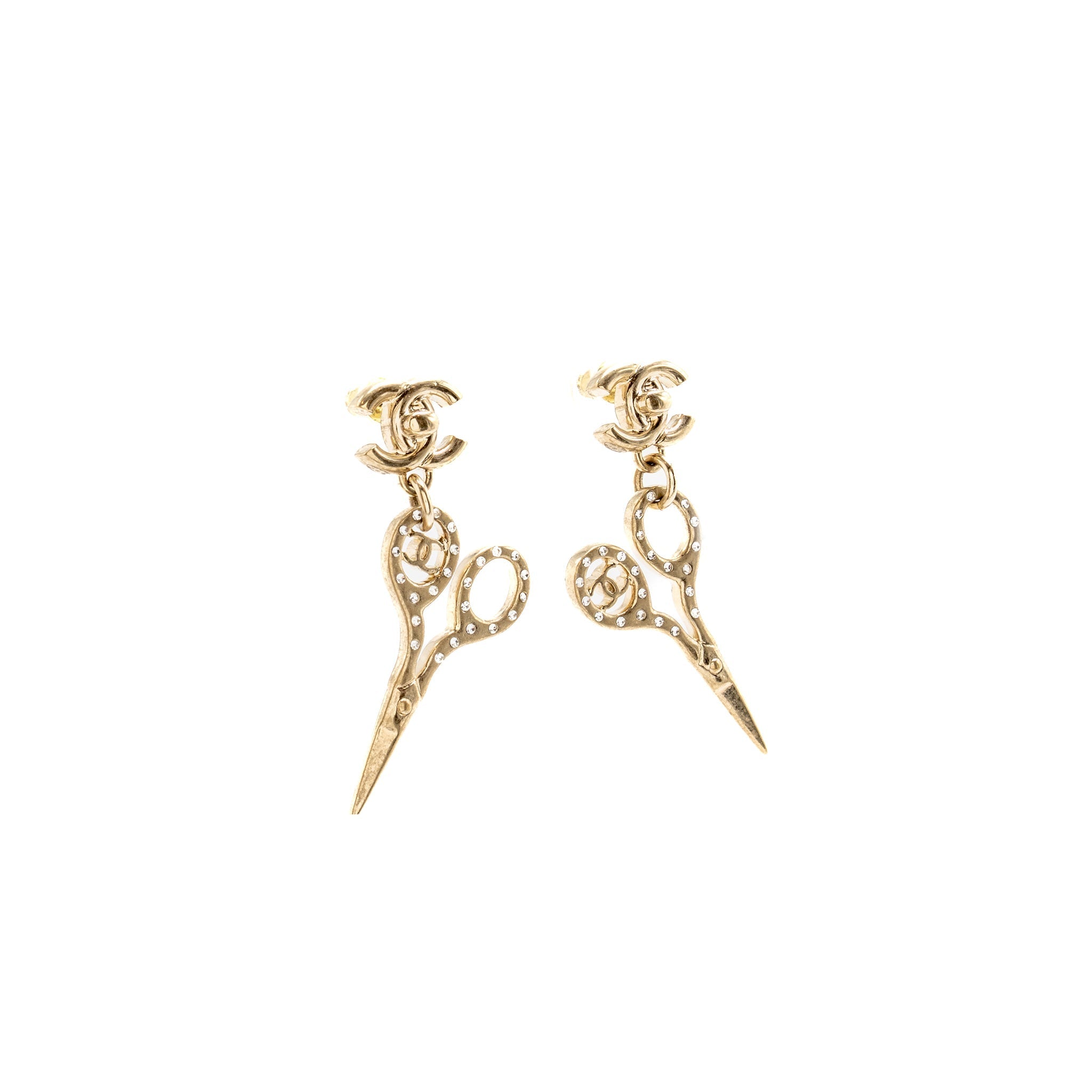 CHANEL SCISSORS DROP CC EARRINGS CRYSTAL LIGHT GOLD TONE