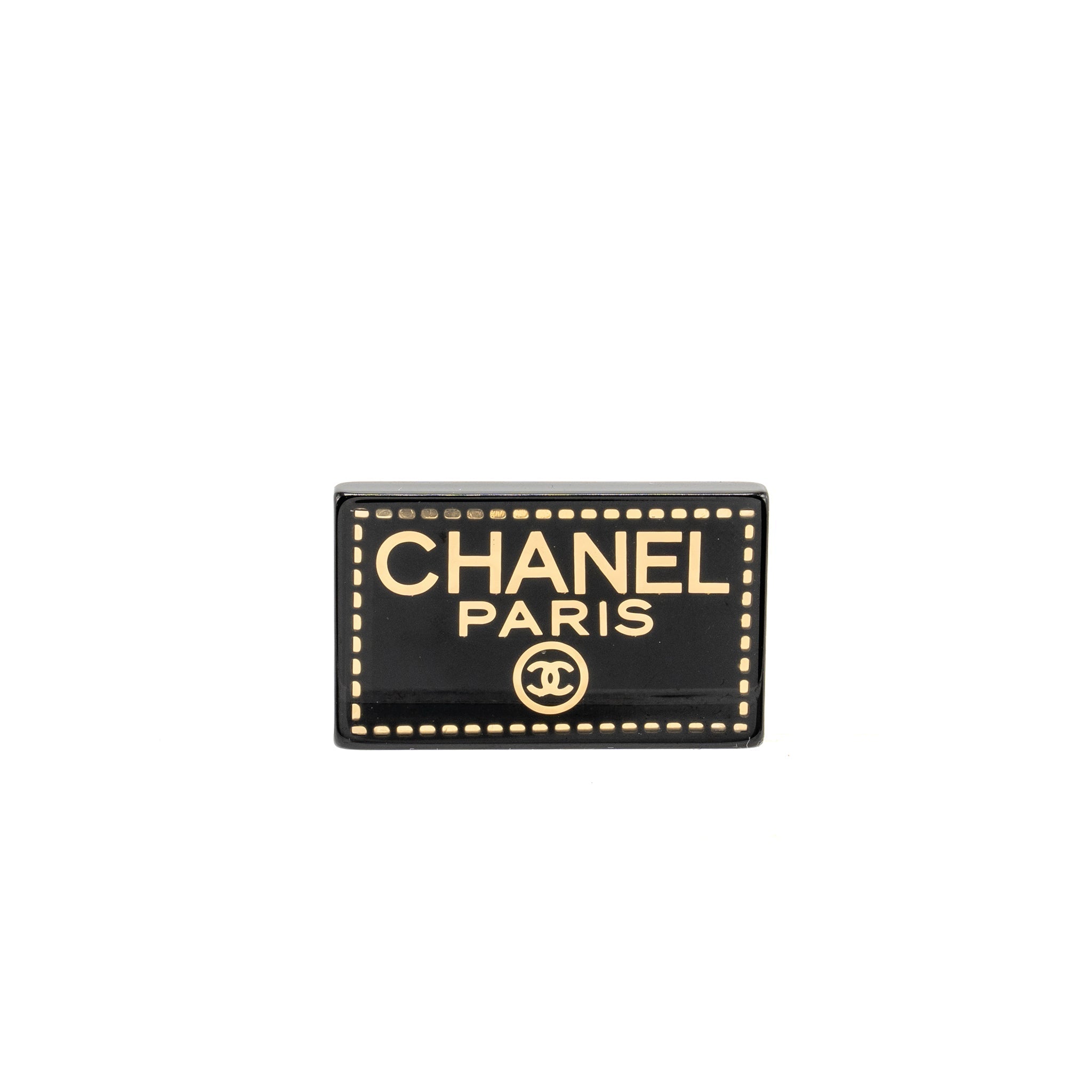 CHANEL RECTANGULAR LOGO BROOCH BLACK GOLD TONE