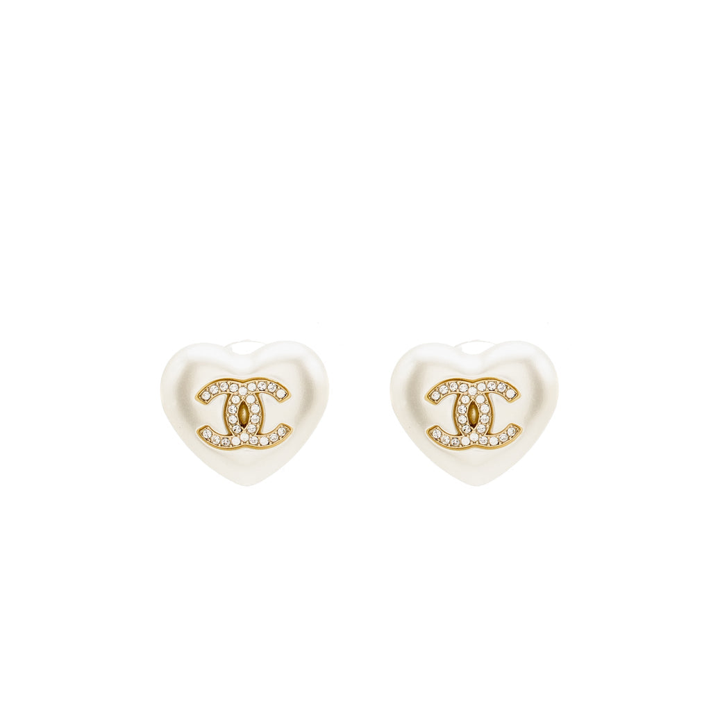 CHANEL HEART PEARL WITH CRYSTAL CC LOGO EARRINGS LIGHT GOLD TONE