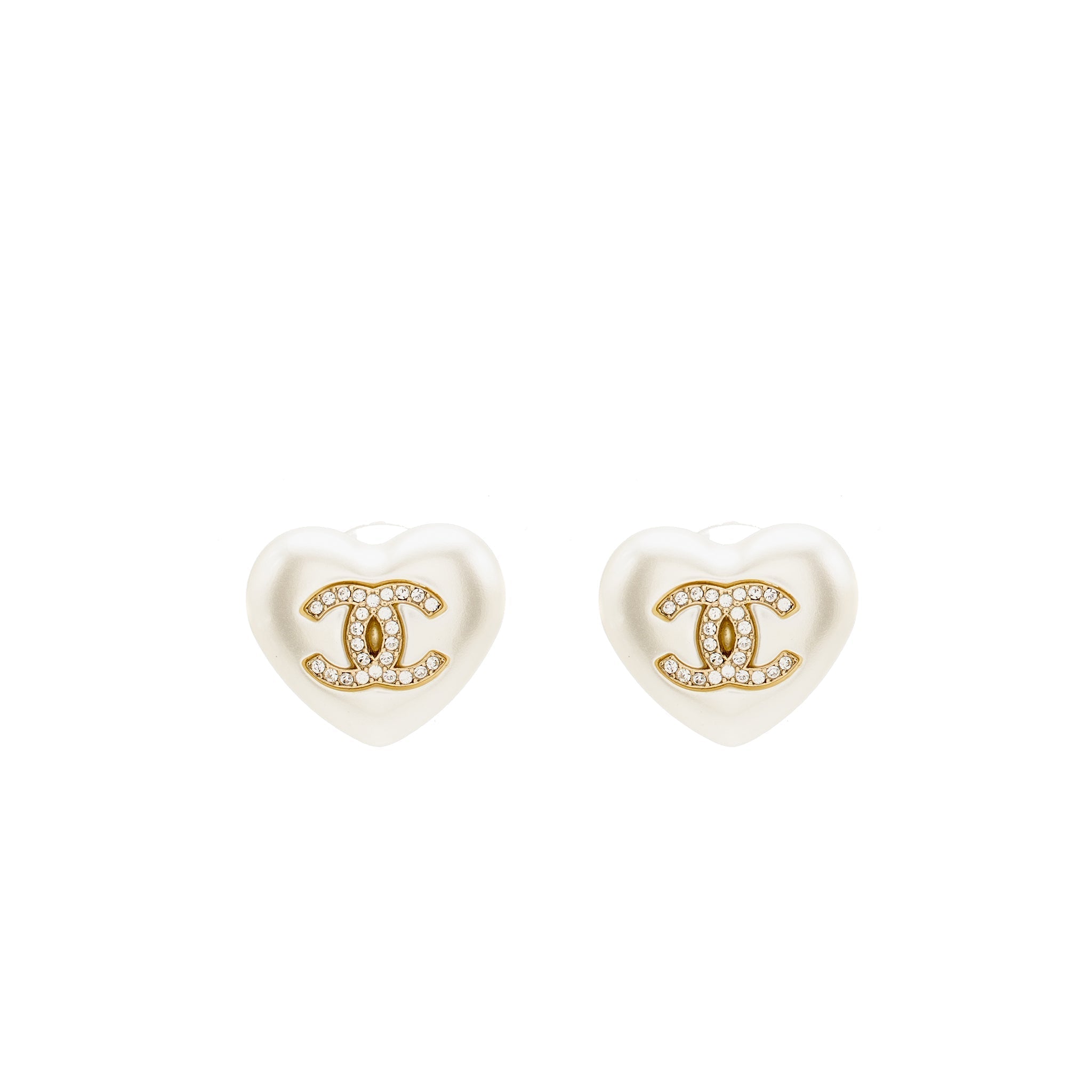 CHANEL HEART PEARL WITH CRYSTAL CC LOGO EARRINGS LIGHT GOLD TONE