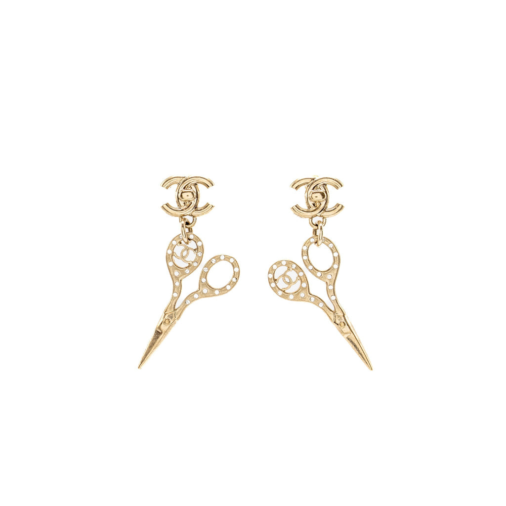 CHANEL SCISSORS DROP CC EARRINGS CRYSTAL LIGHT GOLD TONE