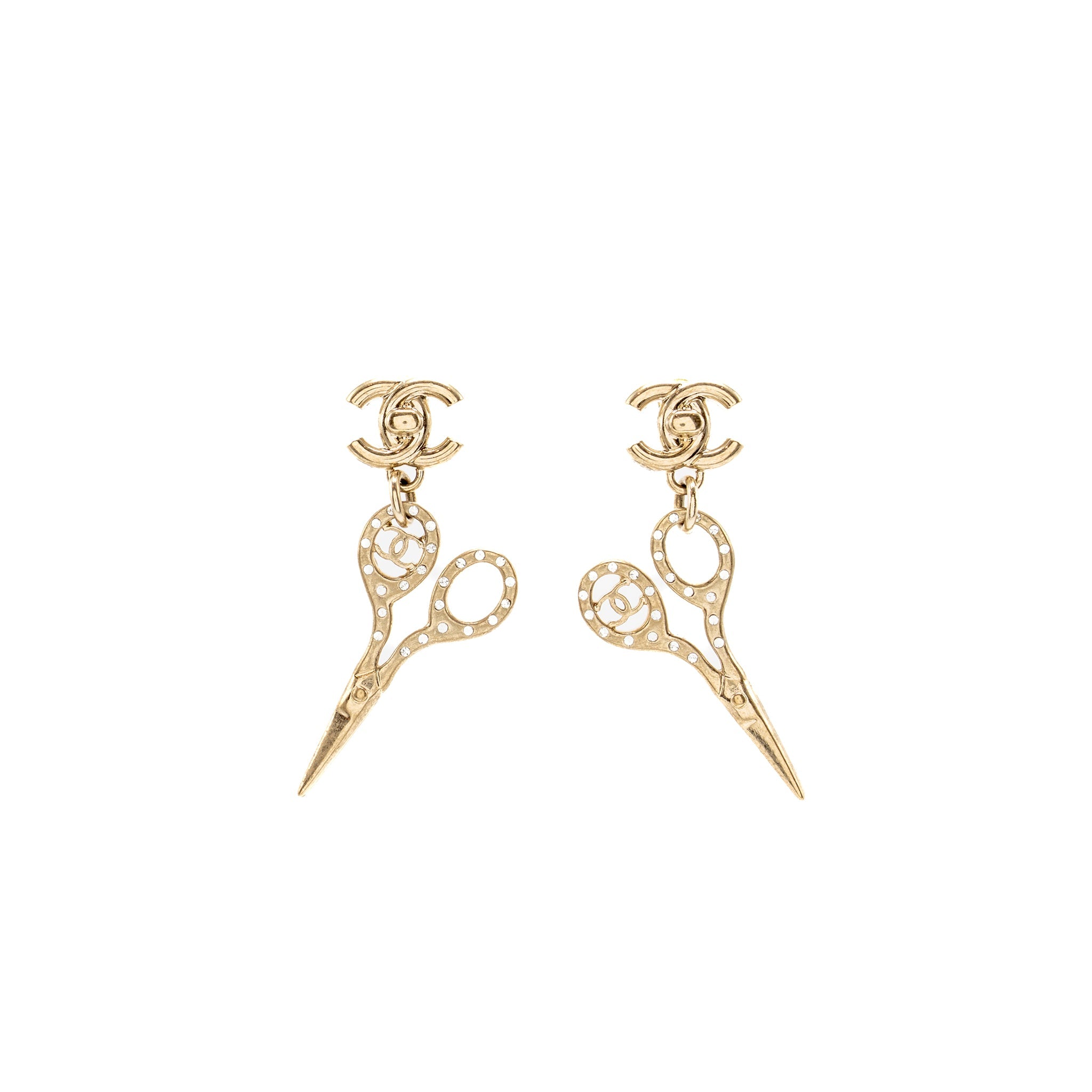CHANEL SCISSORS DROP CC EARRINGS CRYSTAL LIGHT GOLD TONE