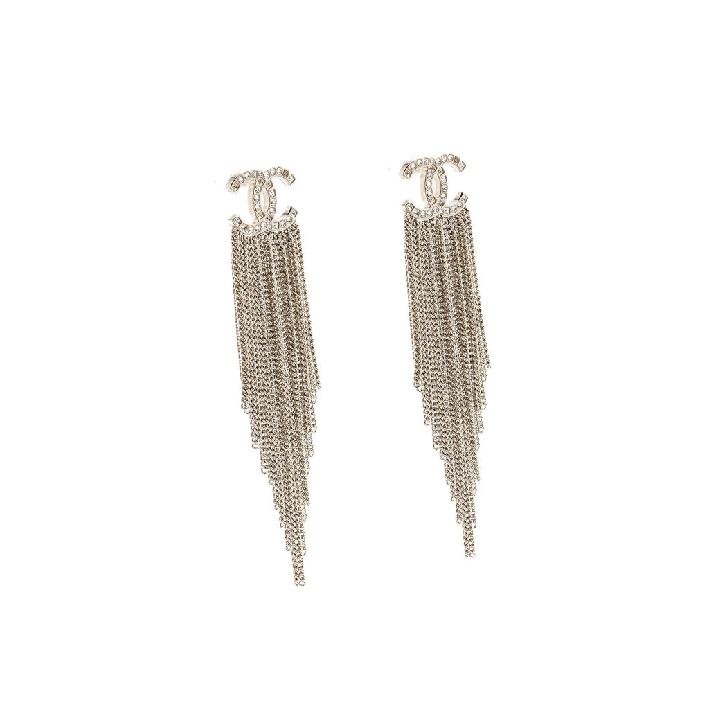 CHANEL CC CHAIN TASSEL DROP EARRINGS CRYSTAL SILVER TONE
