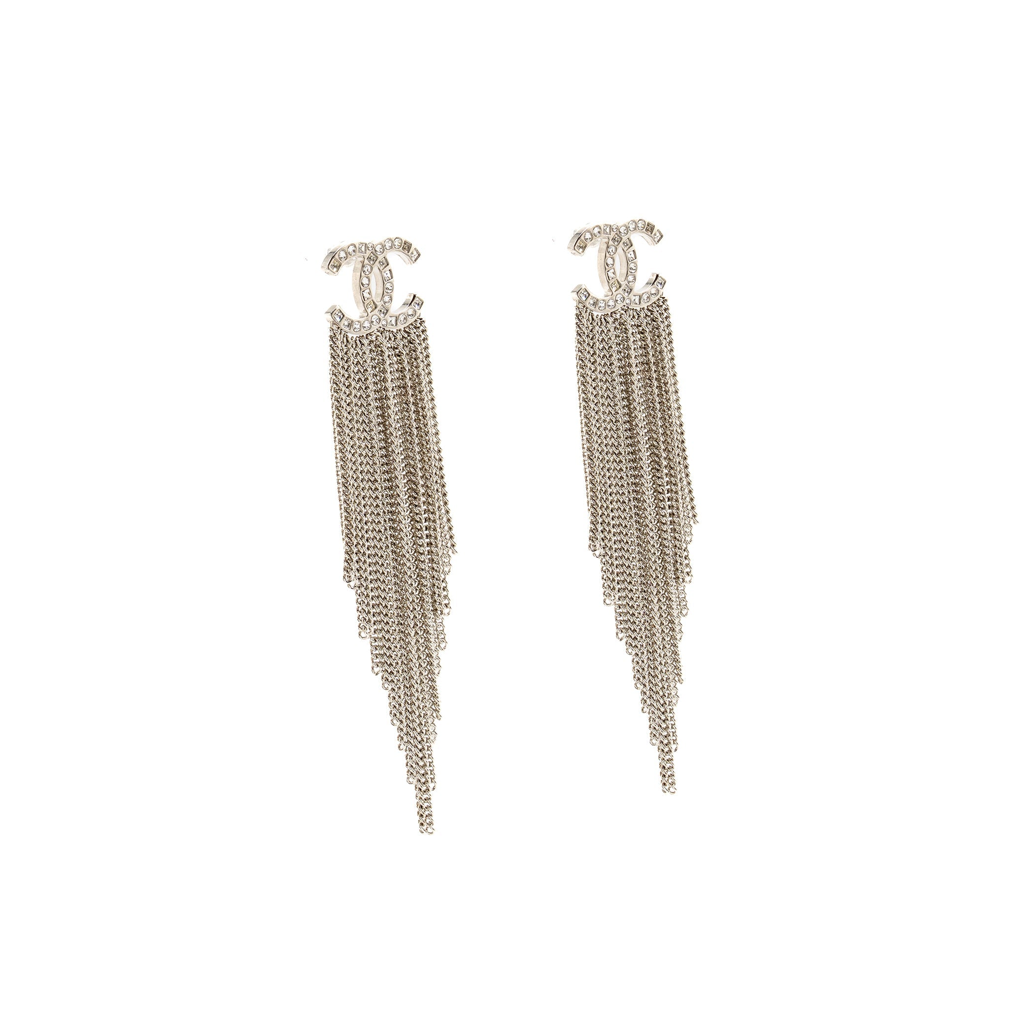 CHANEL CC CHAIN TASSEL DROP EARRINGS CRYSTAL SILVER TONE