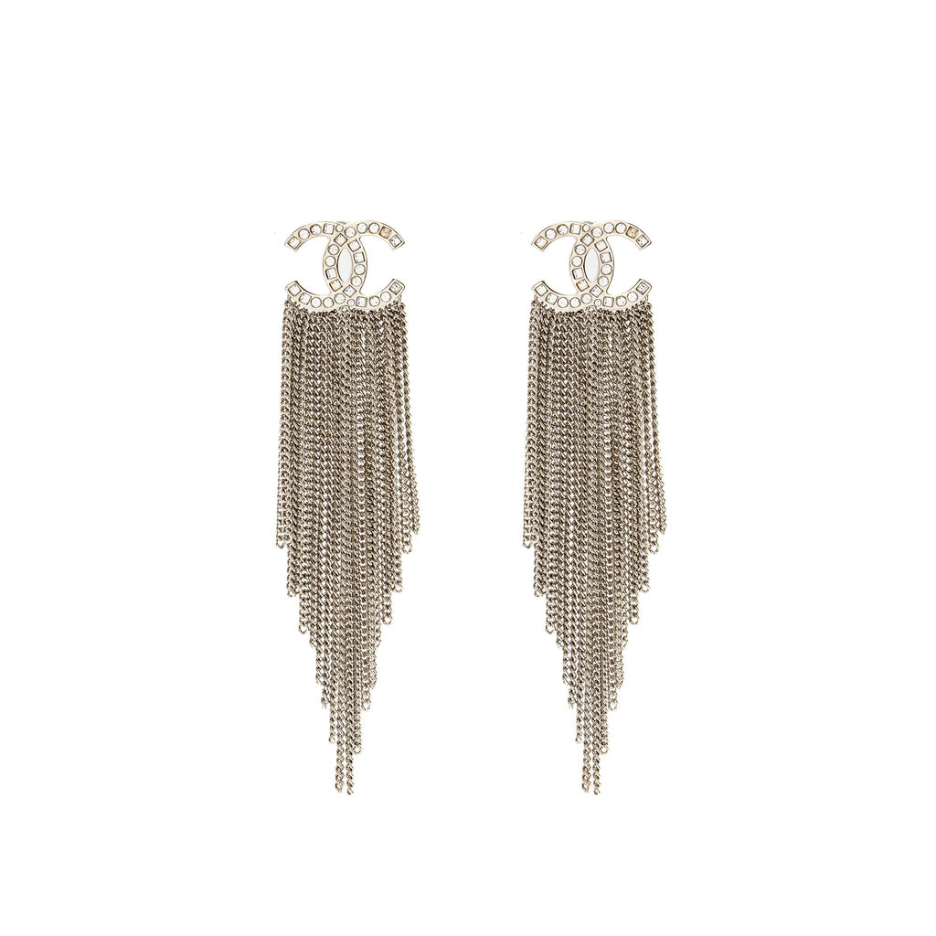 CHANEL CC CHAIN TASSEL DROP EARRINGS CRYSTAL SILVER TONE
