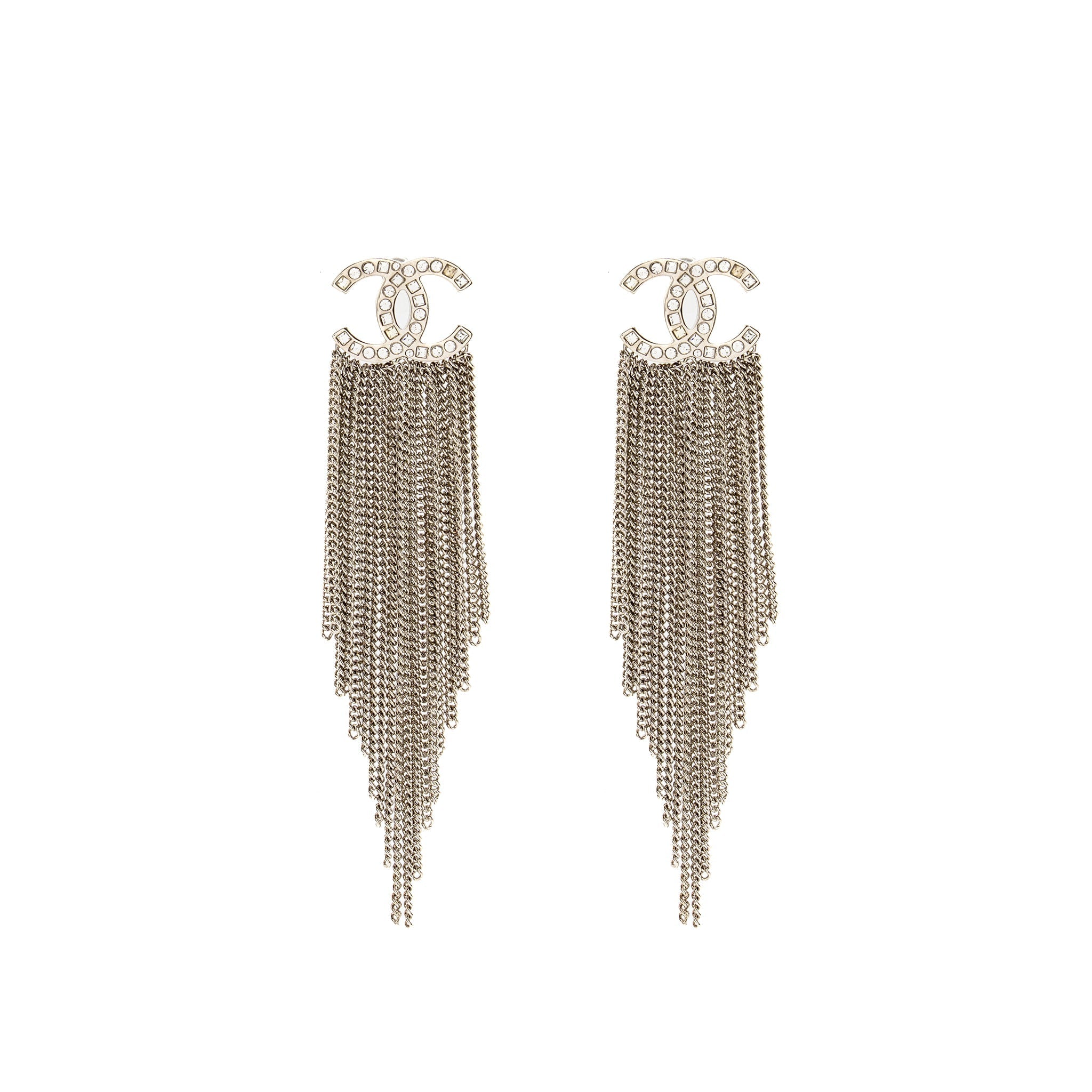 CHANEL CC CHAIN TASSEL DROP EARRINGS CRYSTAL SILVER TONE