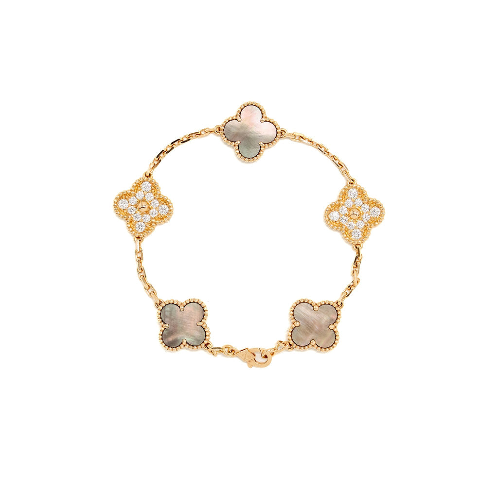 VAN CLEEF AND ARPELS VINTAGE ALHAMBRA BRACELET 5 MOTIF, 18K ROSE GOLD, DIAMOND, GREY MOTHER OF PEARL