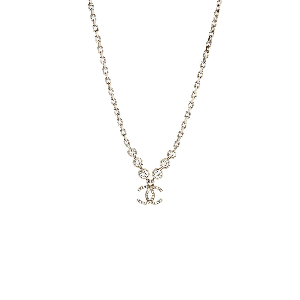 CHANEL 21B CC DROP NECKLACE CRYSTAL SILVER TONE