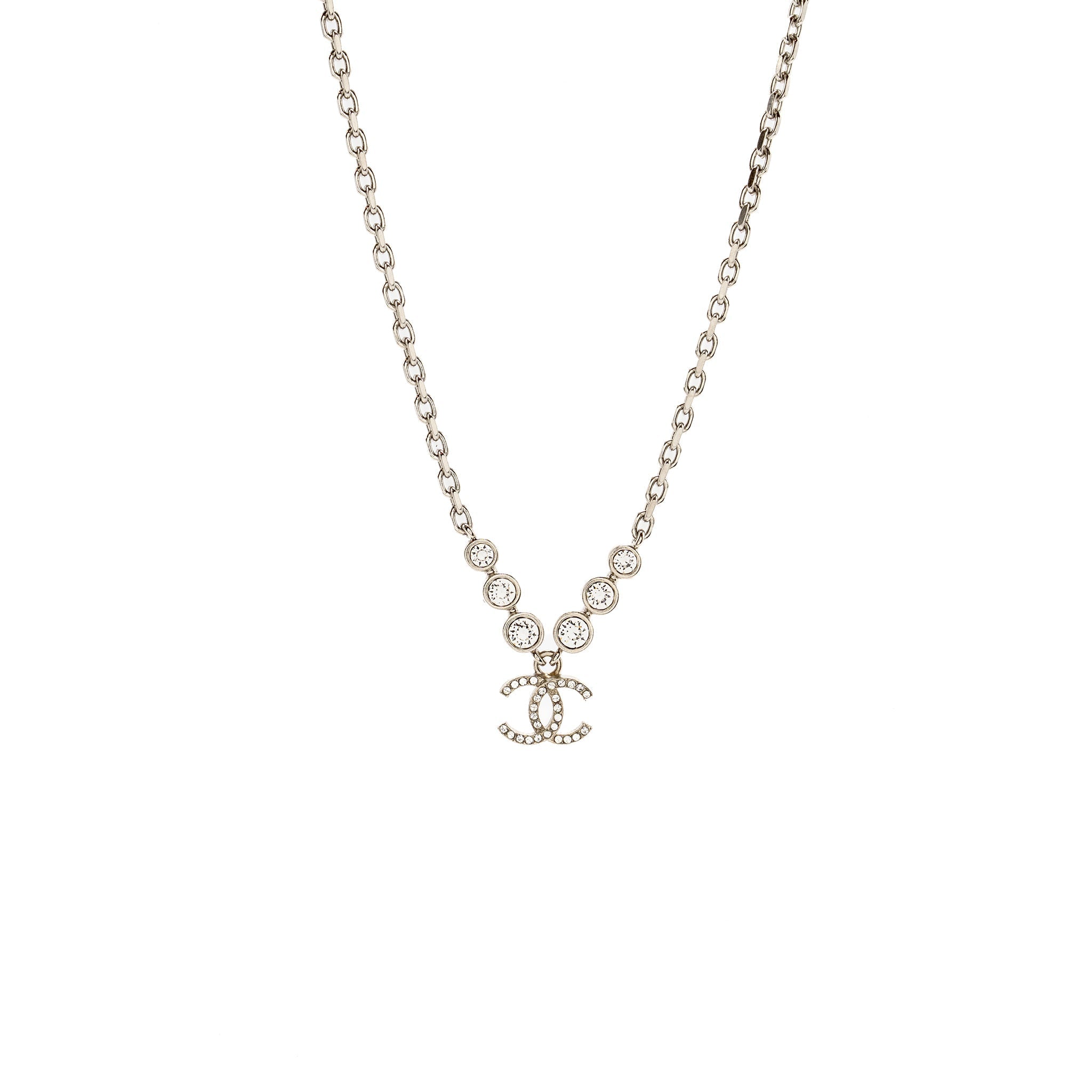 CHANEL 21B CC DROP NECKLACE CRYSTAL SILVER TONE