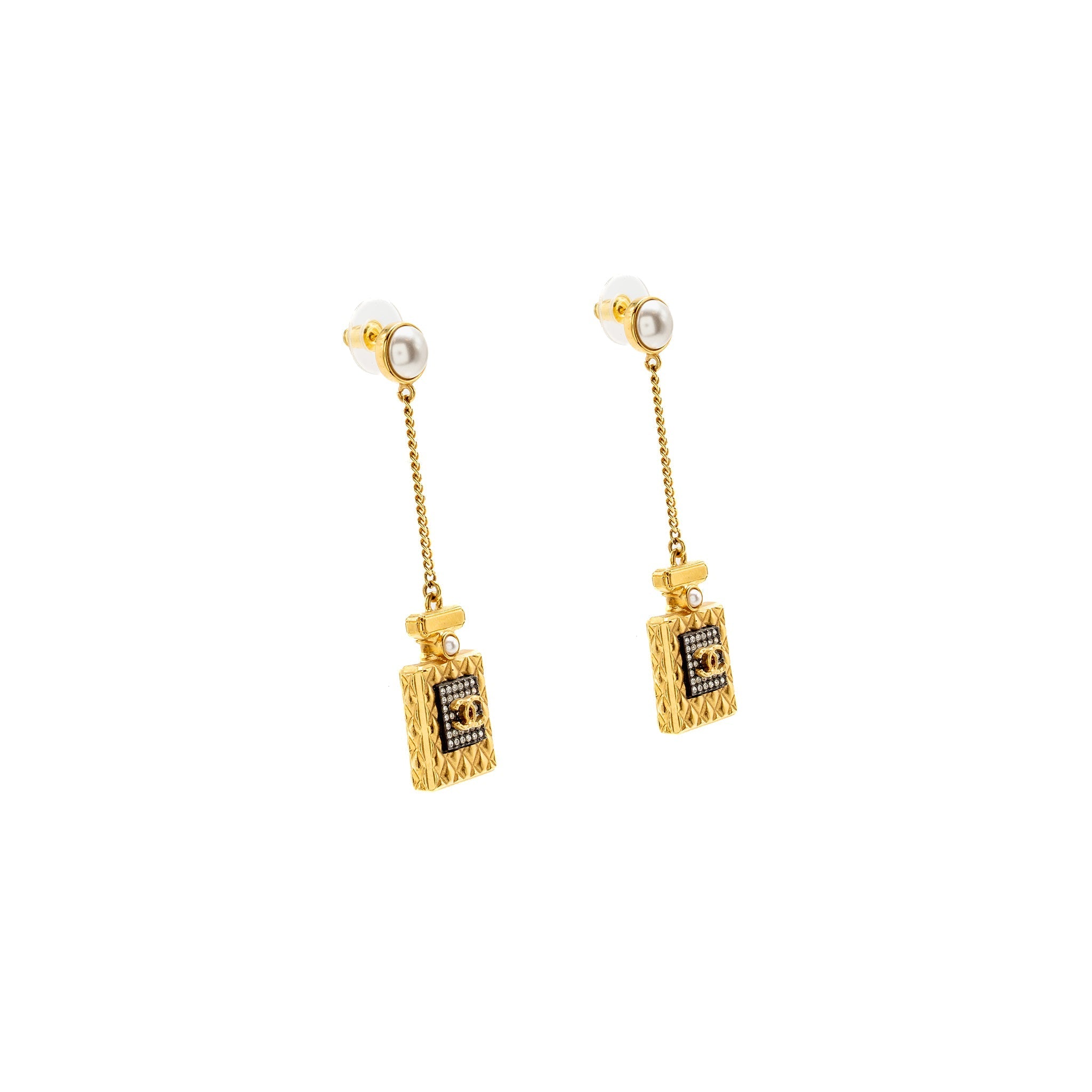 CHANEL NO.5 PERFUME BOTTLE DROP EARRINGS PEARL/CRYSTAL GOLD TONE