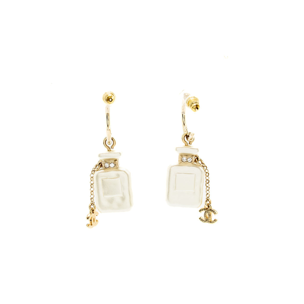 CHANEL NO.5 PERFUME BOTTLE DROP EARRINGS CRYSTAL LIGHT GOLD TONE