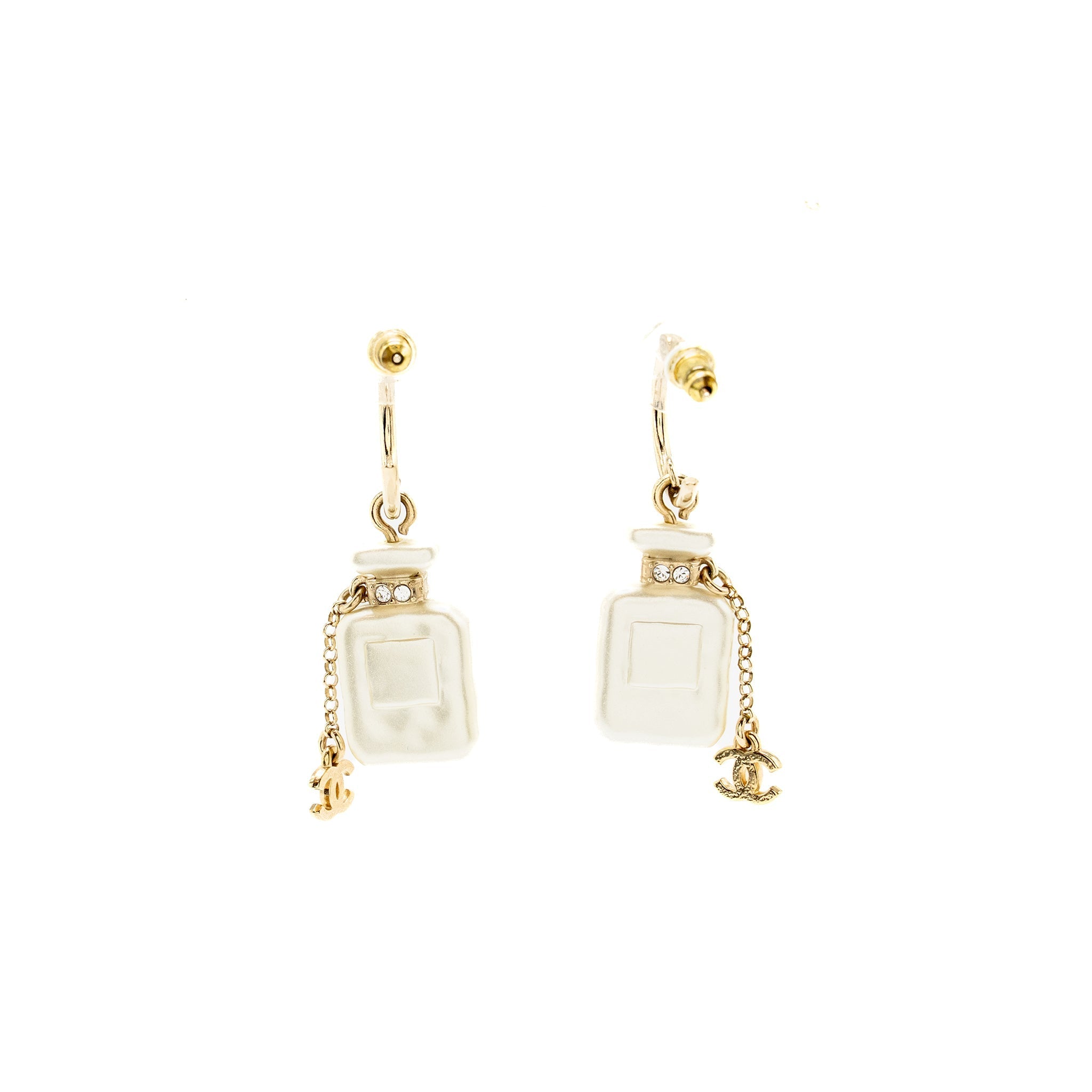 CHANEL NO.5 PERFUME BOTTLE DROP EARRINGS CRYSTAL LIGHT GOLD TONE