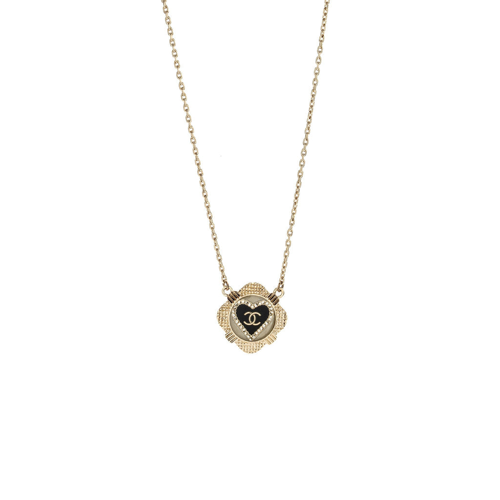 CHANEL 21A CC HEART NECKLACE CRYSTAL BLACK/WHITE LIGHT GOLD TONE