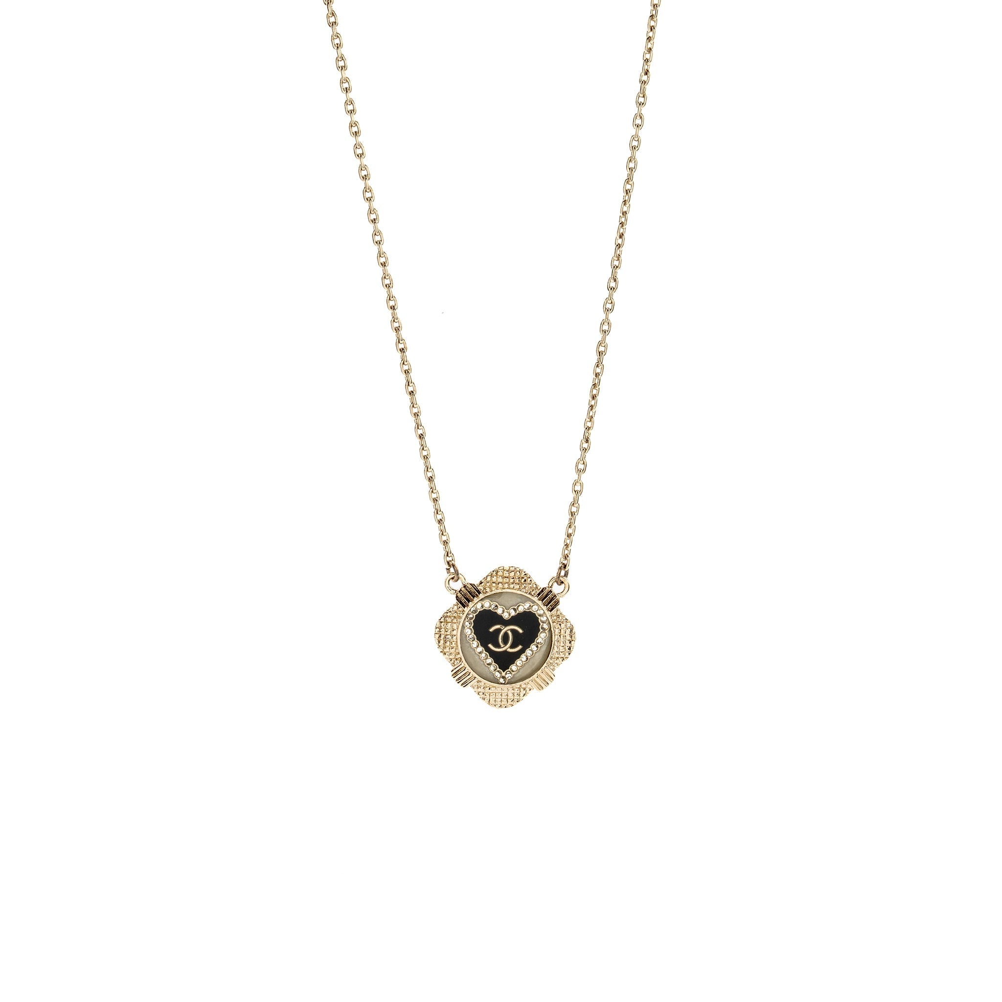 CHANEL 21A CC HEART NECKLACE CRYSTAL BLACK/WHITE LIGHT GOLD TONE