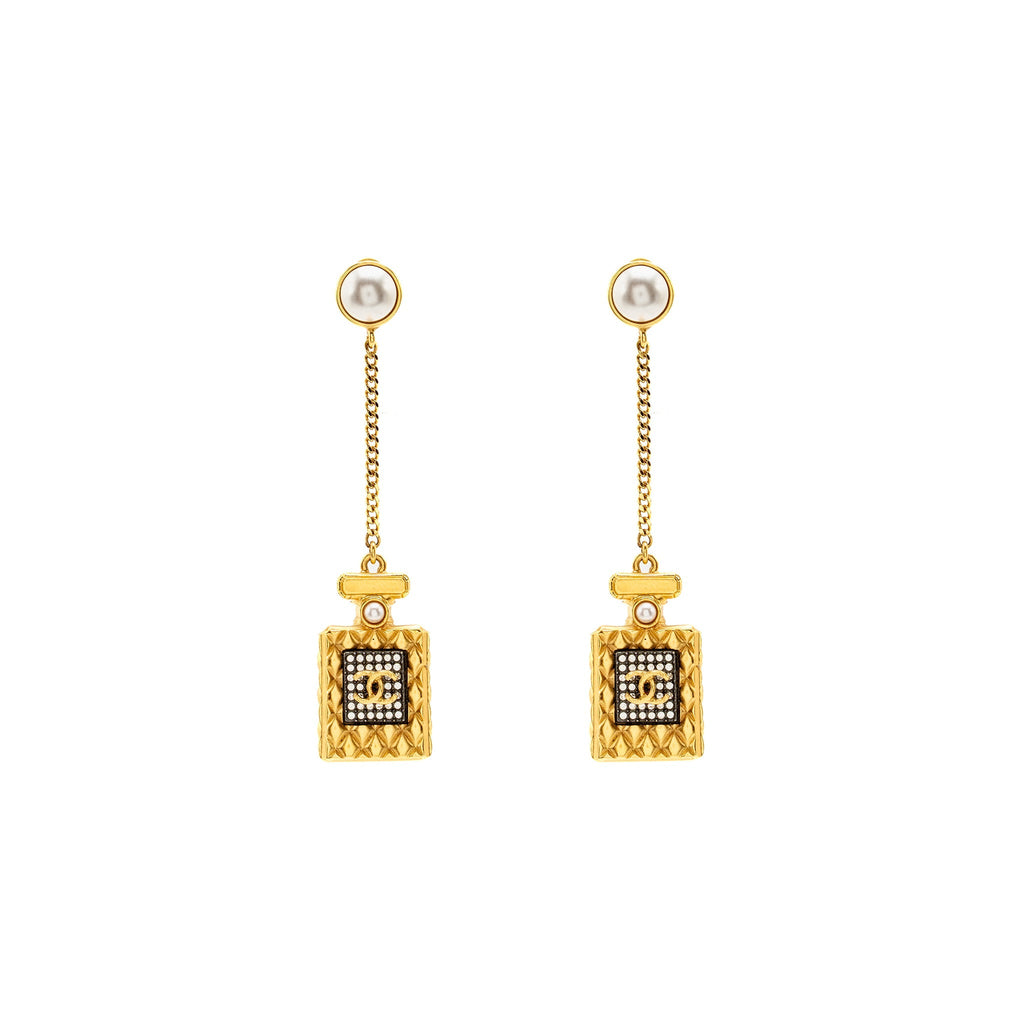 CHANEL NO.5 PERFUME BOTTLE DROP EARRINGS PEARL/CRYSTAL GOLD TONE