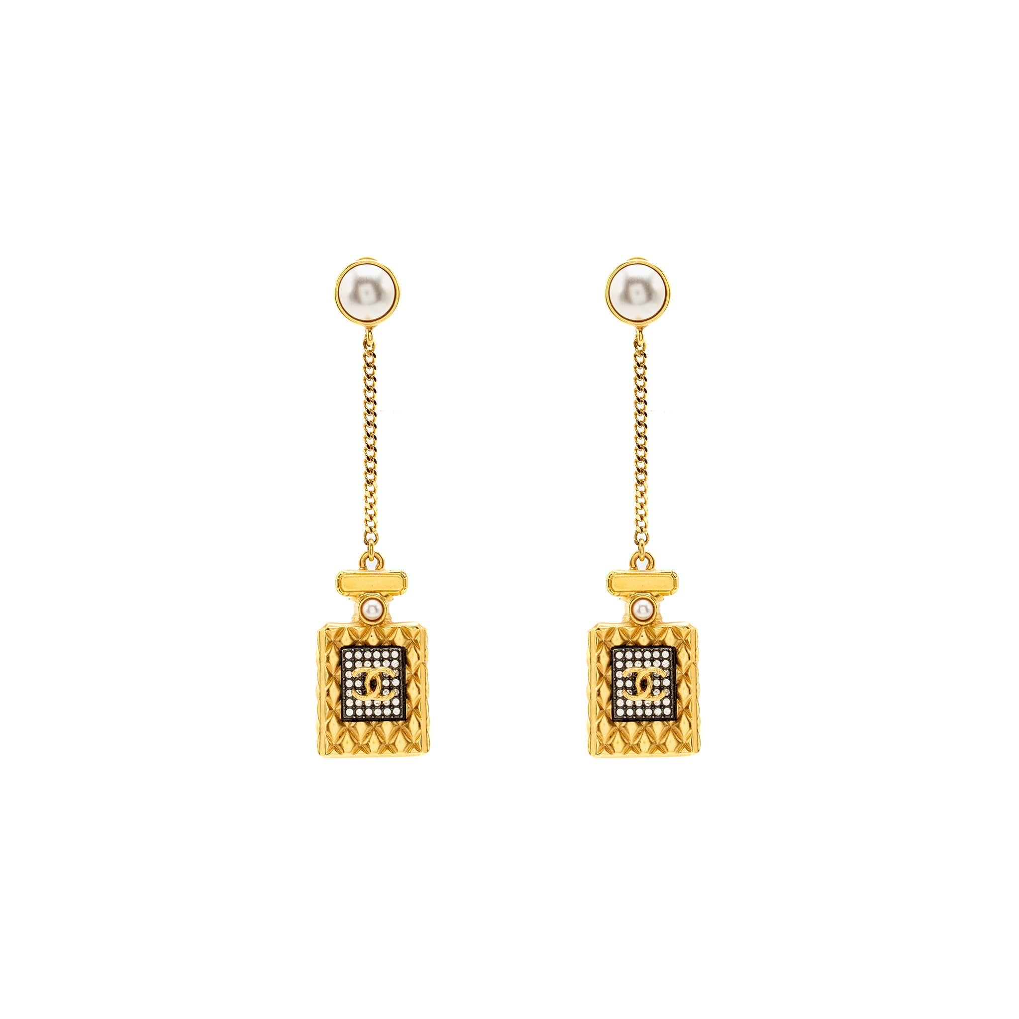 CHANEL NO.5 PERFUME BOTTLE DROP EARRINGS PEARL/CRYSTAL GOLD TONE