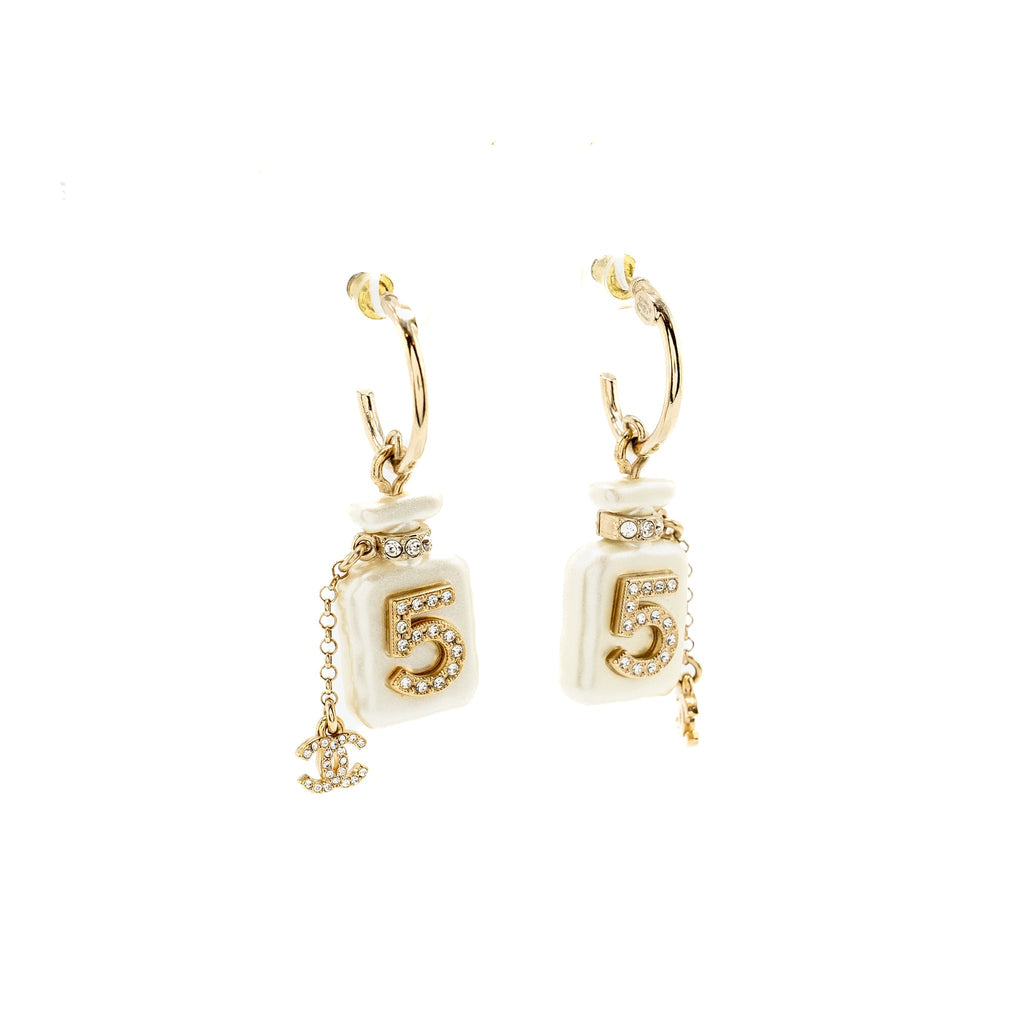 CHANEL NO.5 PERFUME BOTTLE DROP EARRINGS CRYSTAL LIGHT GOLD TONE