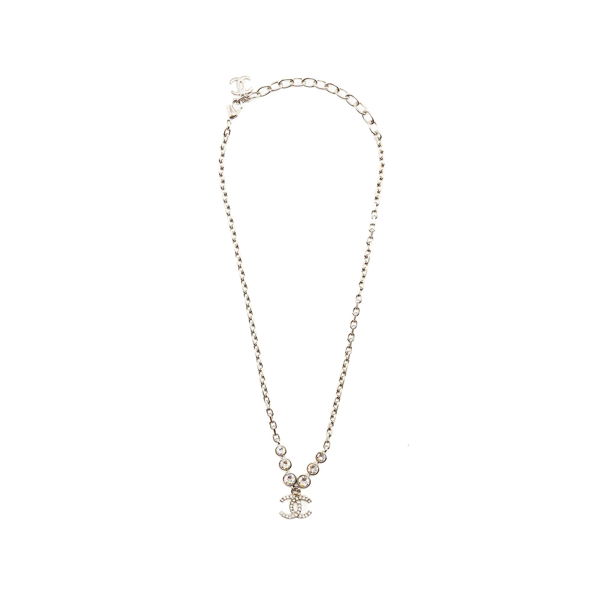 CHANEL 21B CC DROP NECKLACE CRYSTAL SILVER TONE