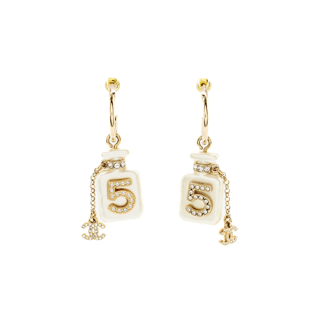 CHANEL NO.5 PERFUME BOTTLE DROP EARRINGS CRYSTAL LIGHT GOLD TONE