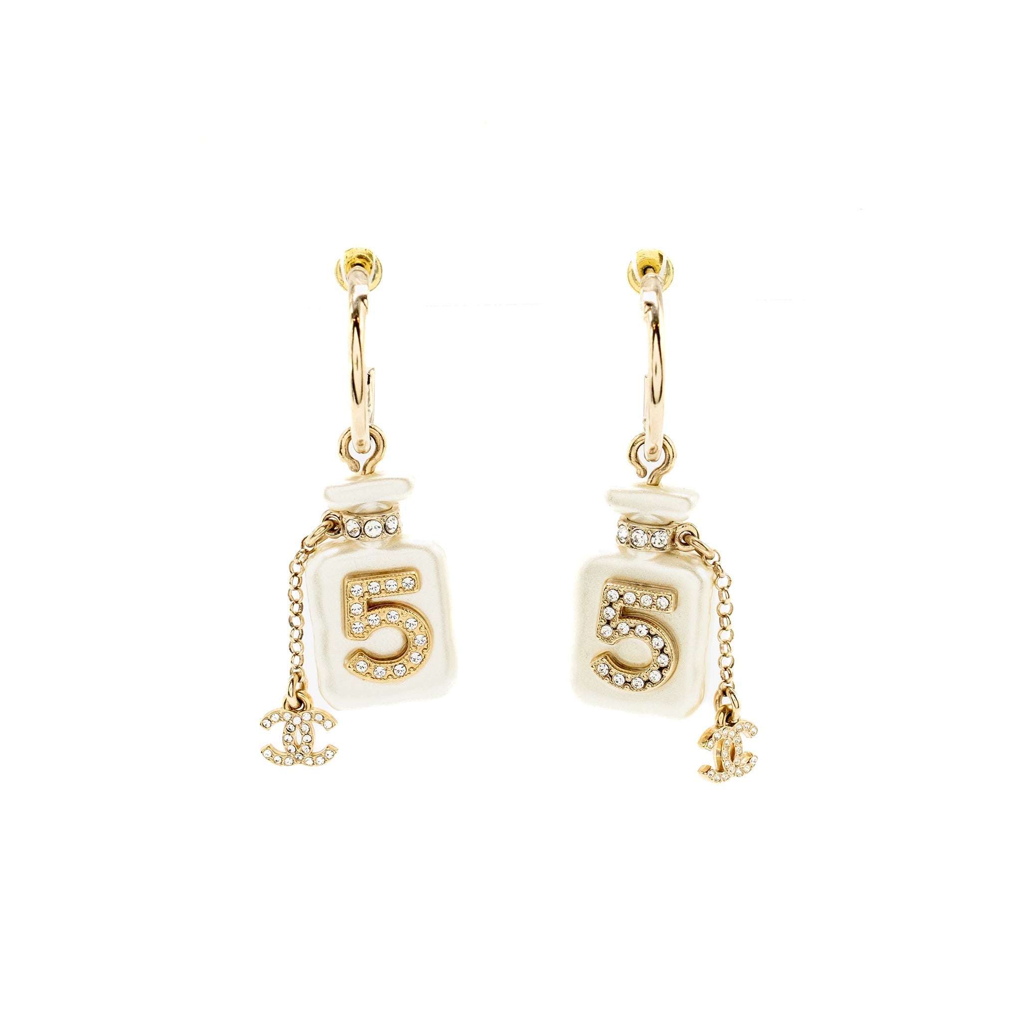 CHANEL NO.5 PERFUME BOTTLE DROP EARRINGS CRYSTAL LIGHT GOLD TONE