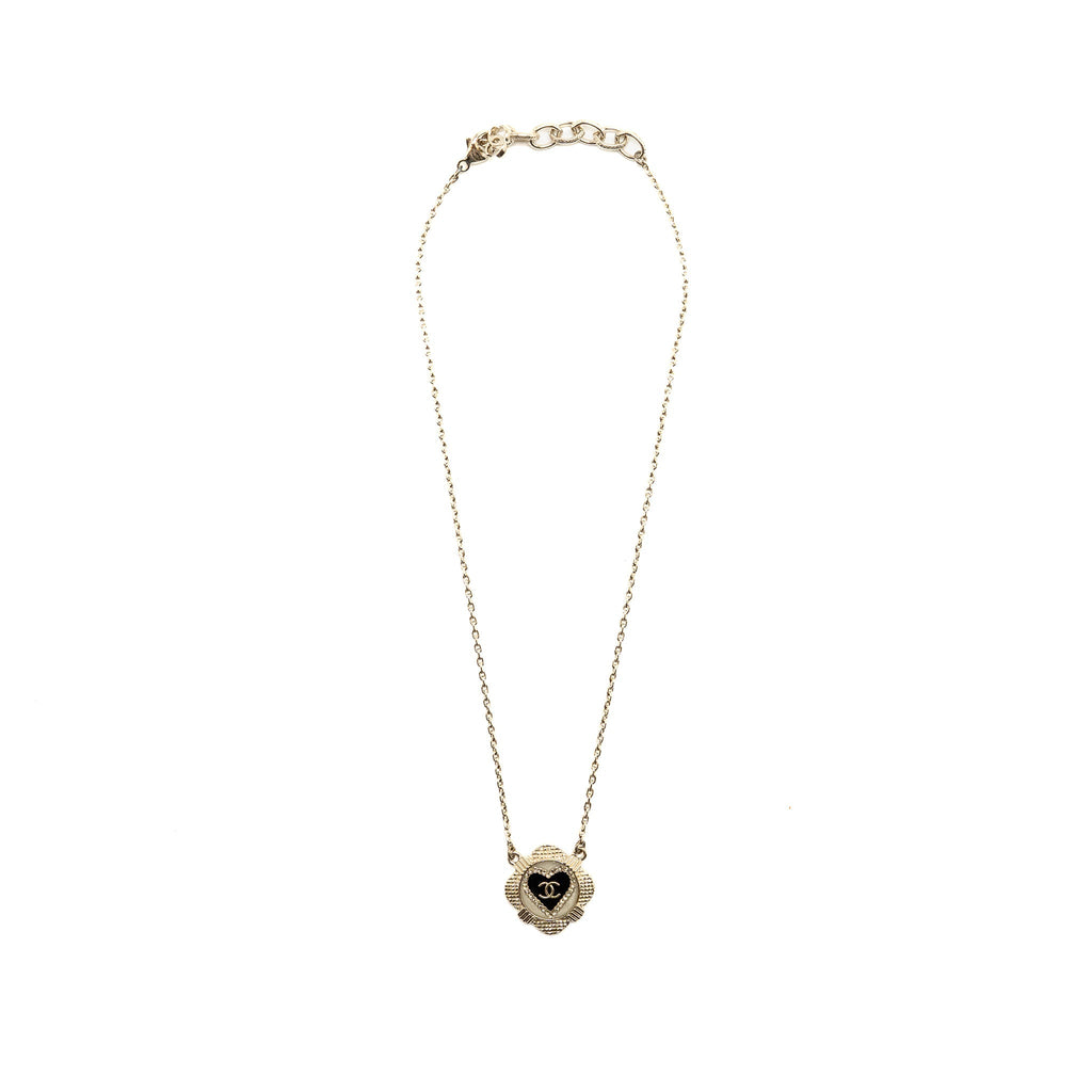 CHANEL 21A CC HEART NECKLACE CRYSTAL BLACK/WHITE LIGHT GOLD TONE